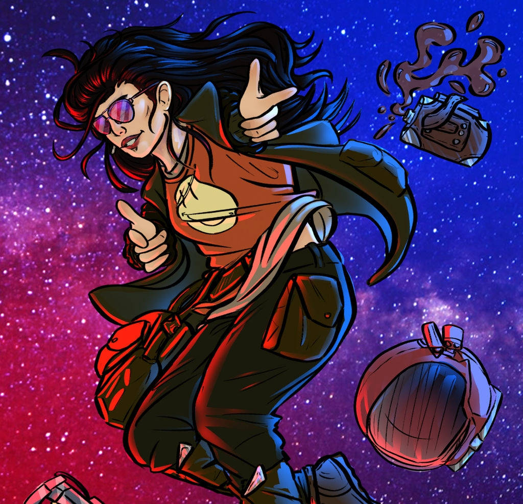 船長張 太空清道夫 在宇宙中 壁紙 — 一個時尚的動漫女孩，紅髮戴太陽眼鏡，漂浮在充滿活力的宇宙星雲中，豎起兩個大拇指，她的裝備在她周圍飄浮。