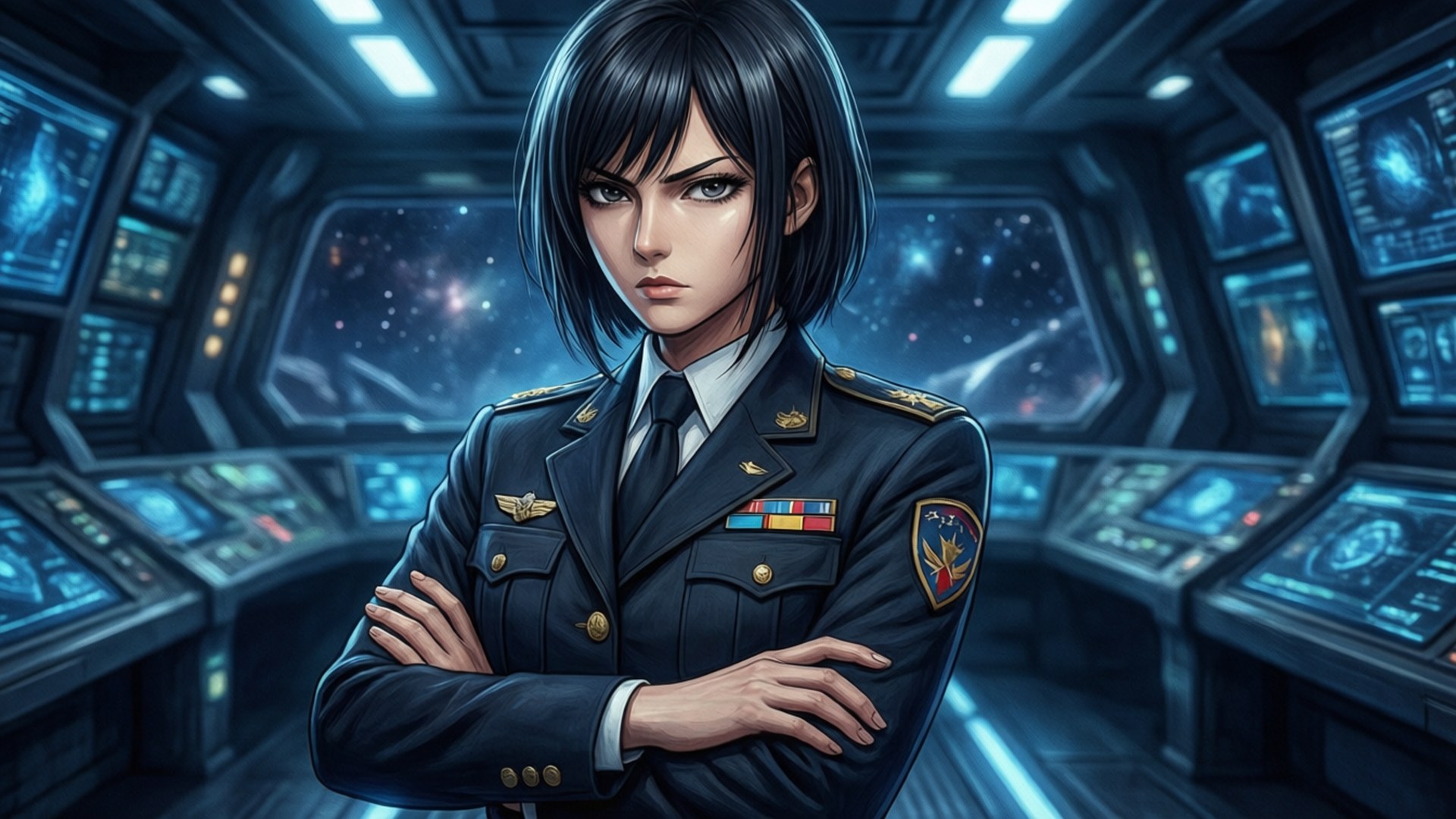 艦橋指揮官 壁紙 — 一位嚴肅的女軍官穿著未來風格的軍服，在滿是星星的太空船艦橋上雙臂交叉站立。