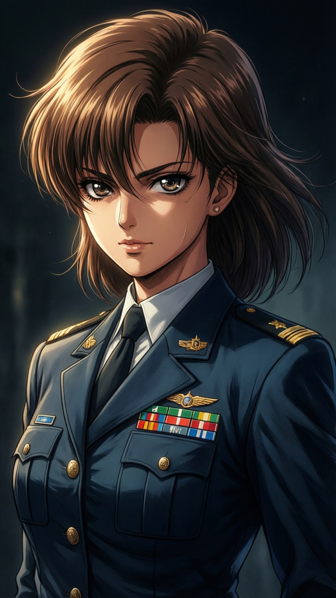 艦長的決心 壁紙 — 一位堅定的動畫女性，穿著細節豐富的軍裝，配有勳章和肩章，在戲劇性的燈光下。