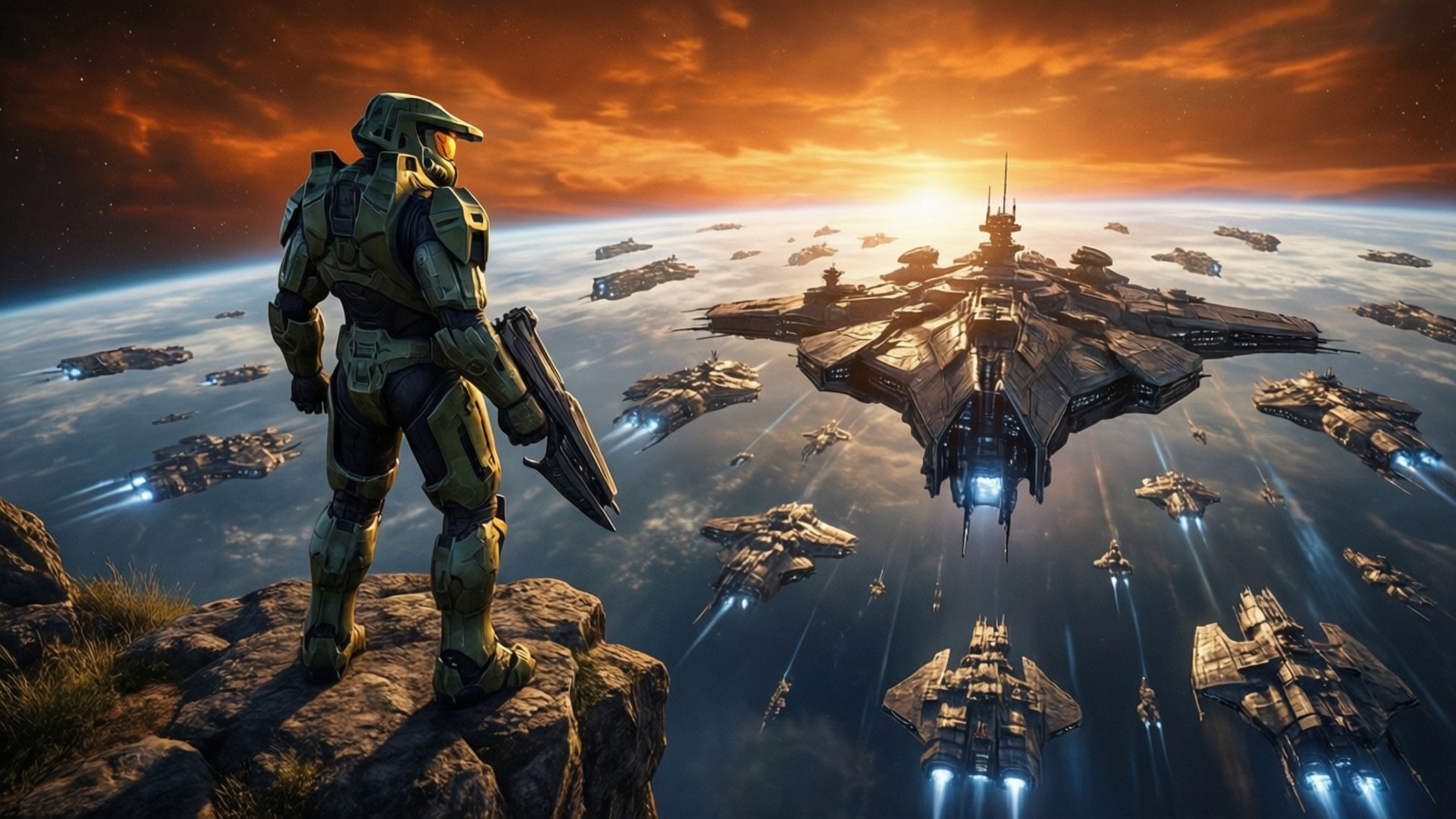 一名身穿綠色盔甲的士兵在行星上空的日落中俯瞰著一支太空船艦隊。