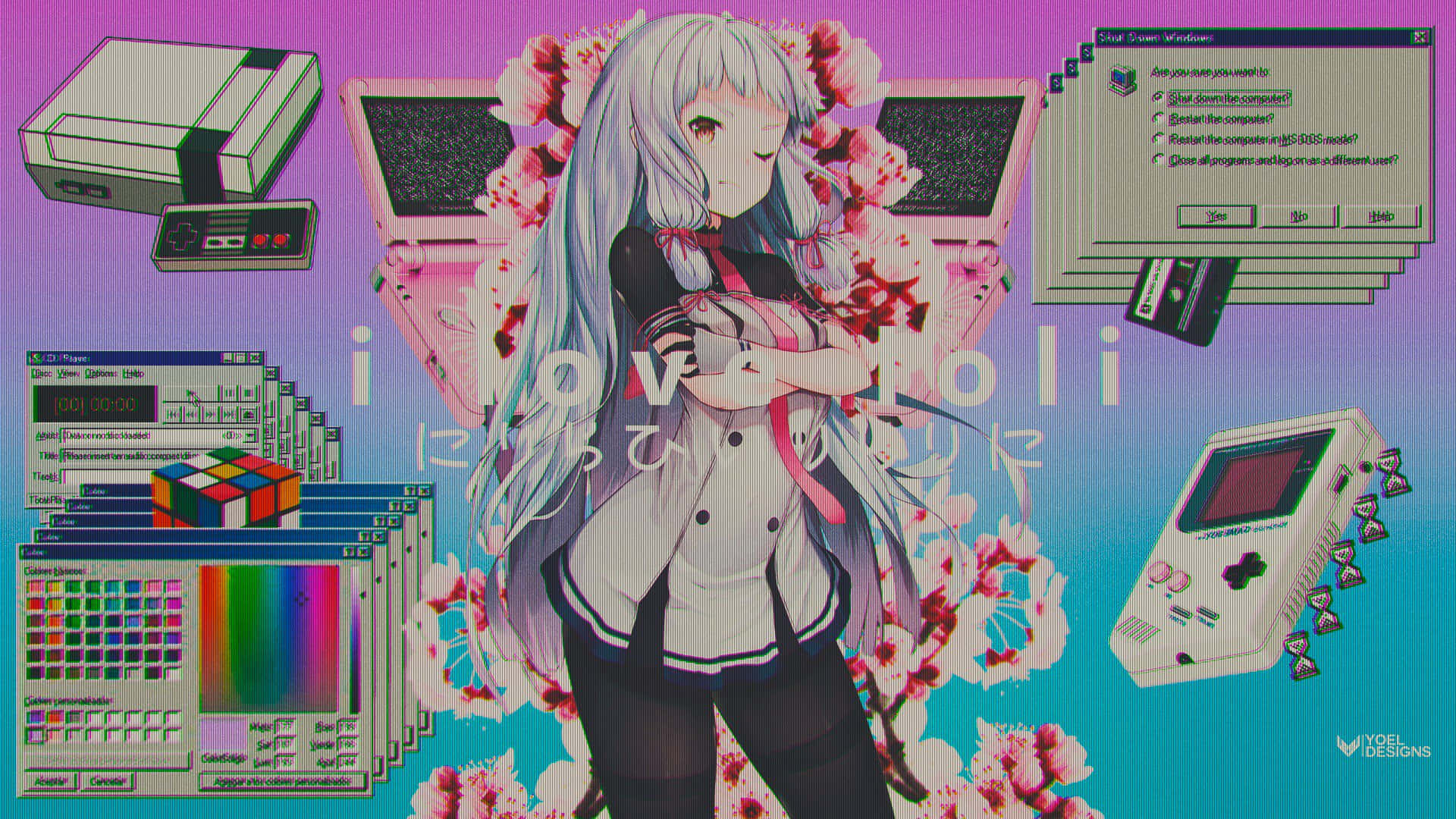 被復古遊戲設備和Windows 95界面元素包圍的動漫女孩。