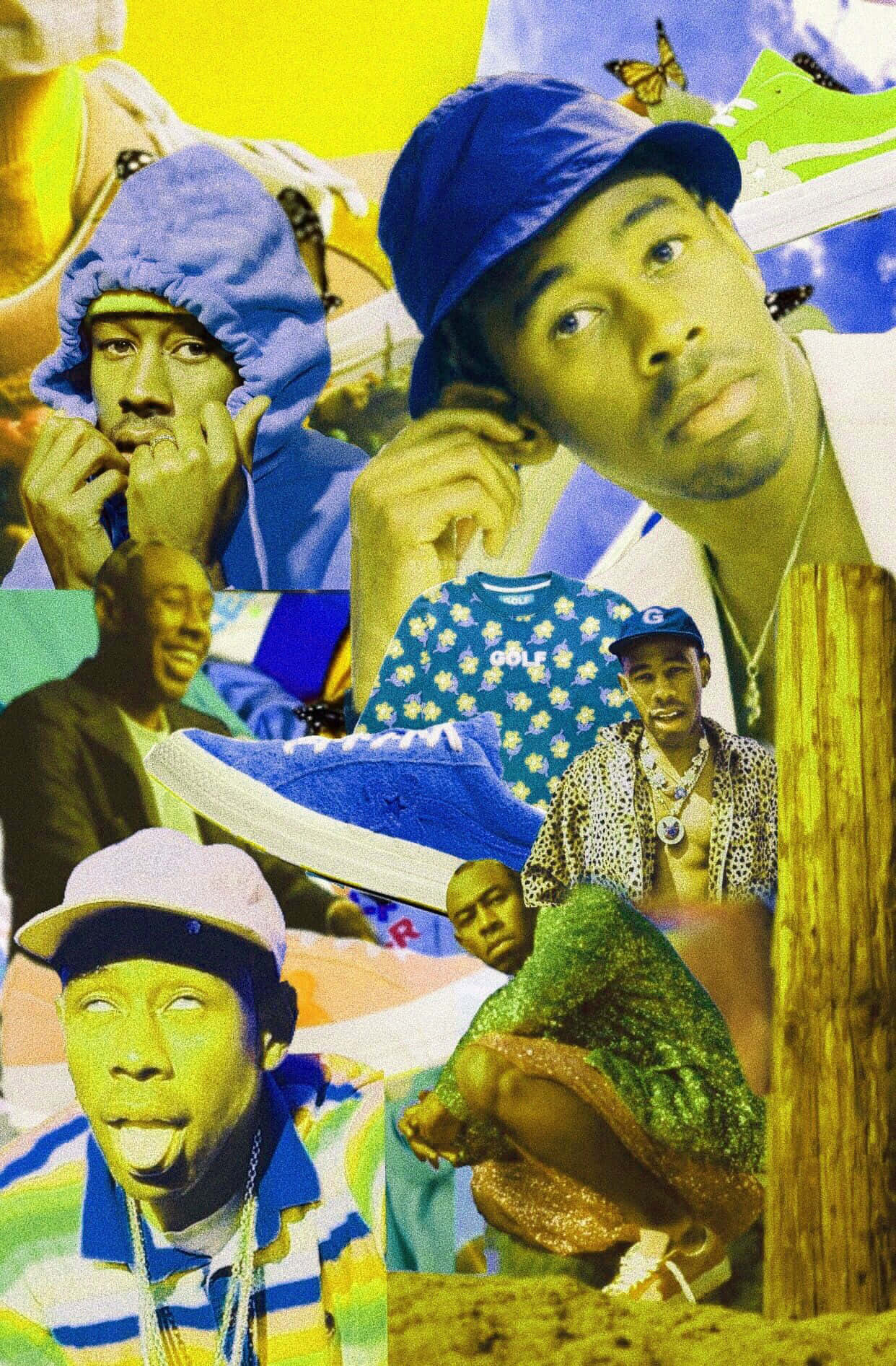 tyler the creator 桌布 壁紙 — 色彩大膽的嘻哈藝術家拼貼畫，包含運動鞋、蝴蝶和富有表現力的姿勢。