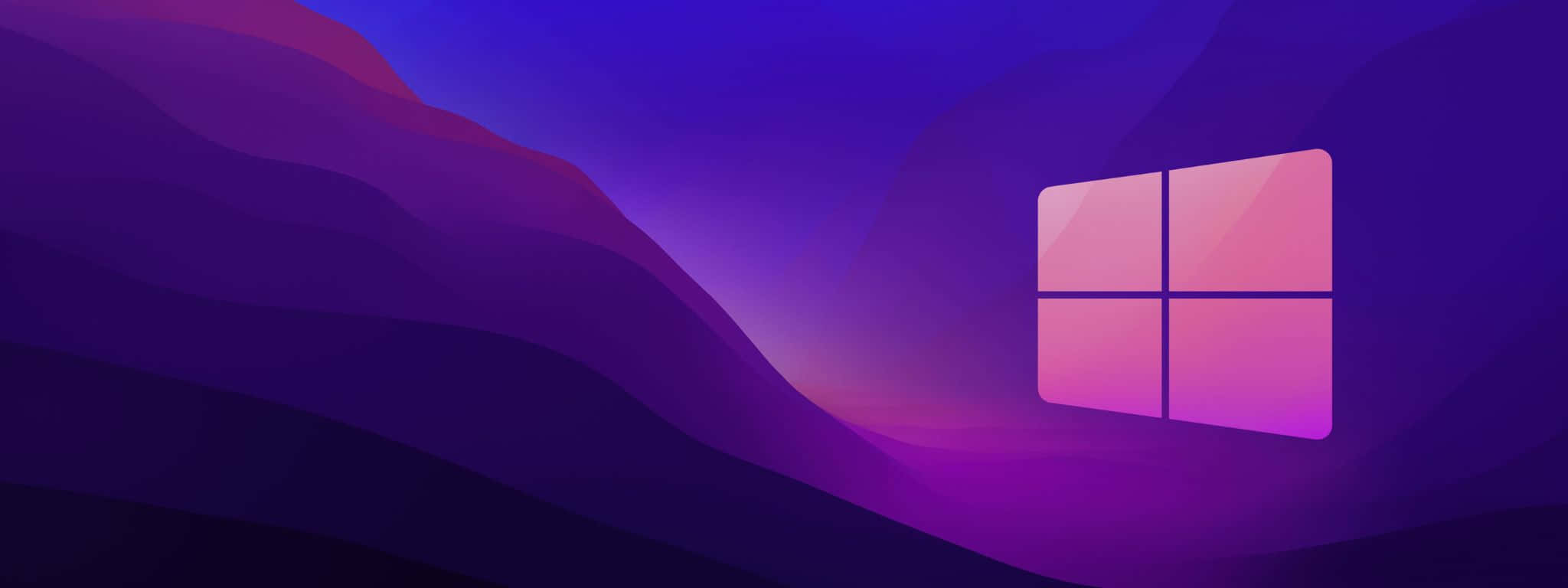 色彩奇幻的超現實風景 壁紙 — Windows 標誌在數位抽象風景中，以粉紅色發光，襯托著風格化的紫色山巒波浪。