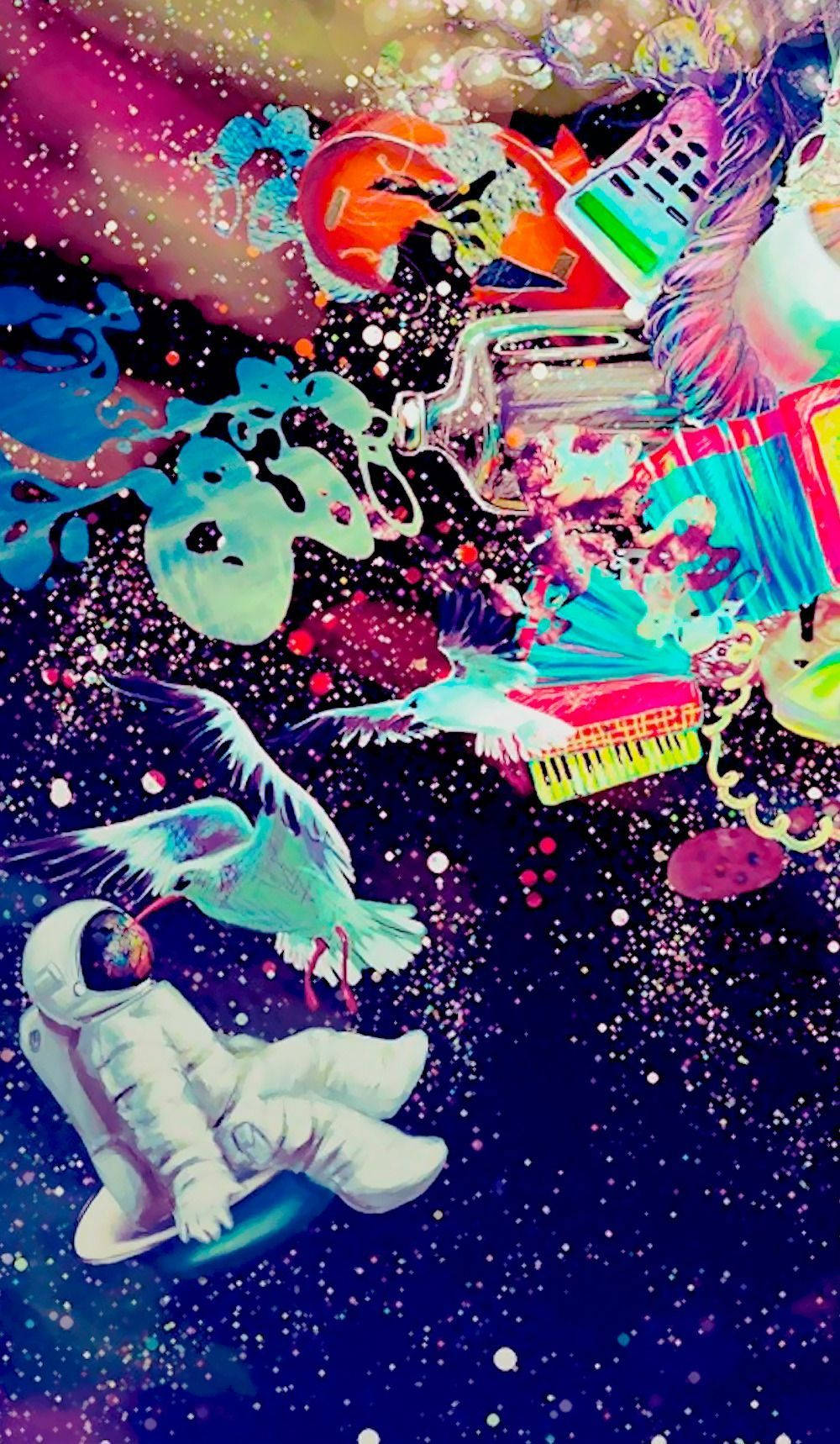 太空人和鳥兒在太空中漂浮，周圍環繞著色彩繽紛的漂浮物體和星星。