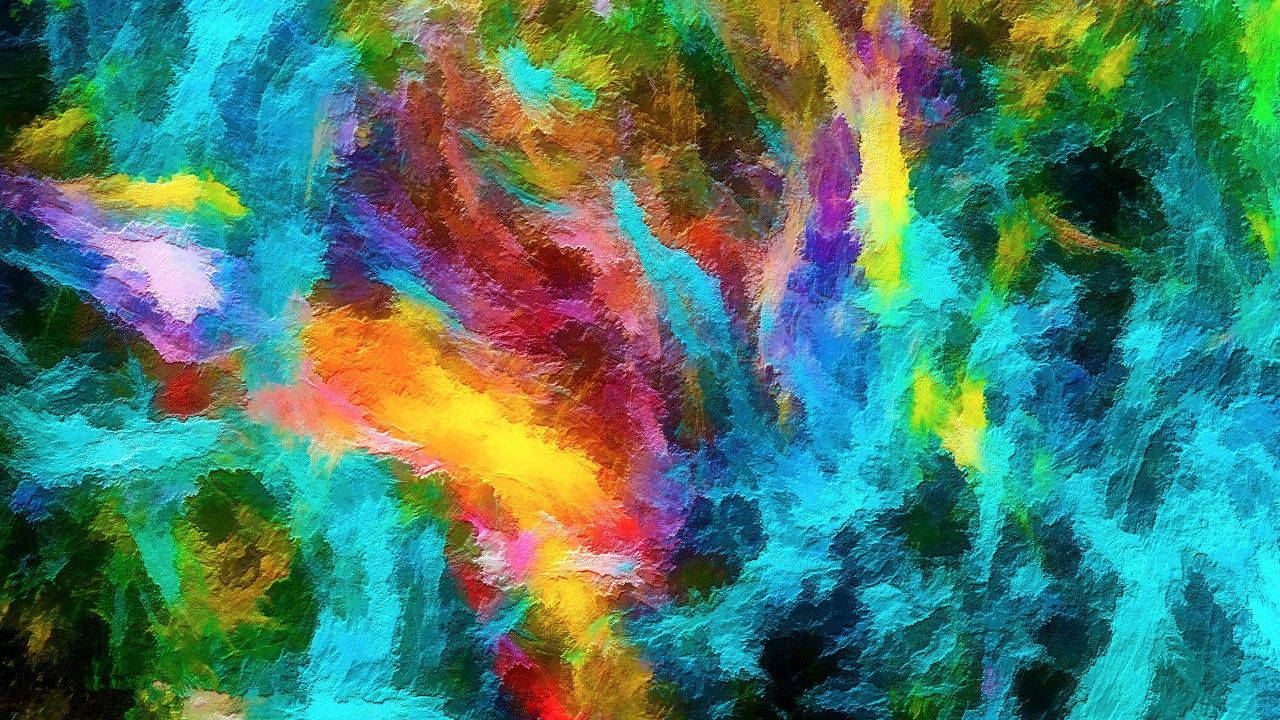 充滿活力的抽象畫，帶有藍色、綠色、黃色和紫色的旋轉筆觸。