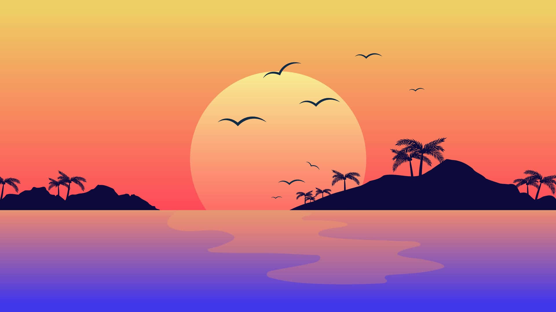 熱帶日落，棕櫚樹和鳥兒在平靜的海面上飛翔。
