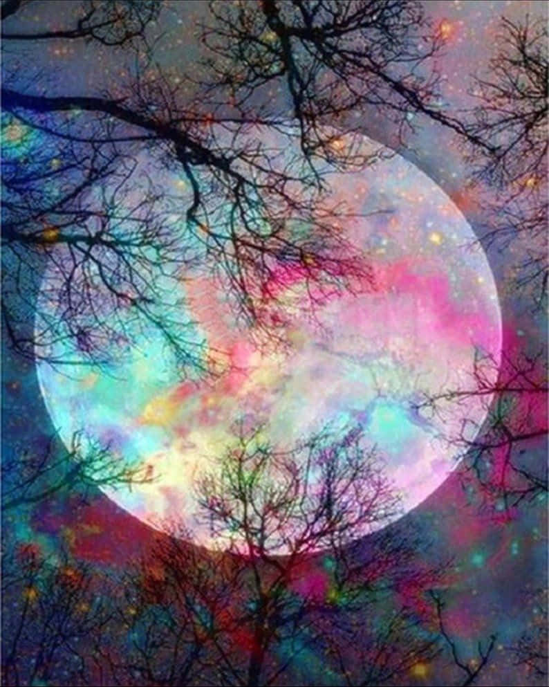 色彩斑斕的自然風景 壁紙 — 一輪充滿活力的宇宙月亮，透過光禿的樹枝，在繁星點點的多彩夜空中閃耀。