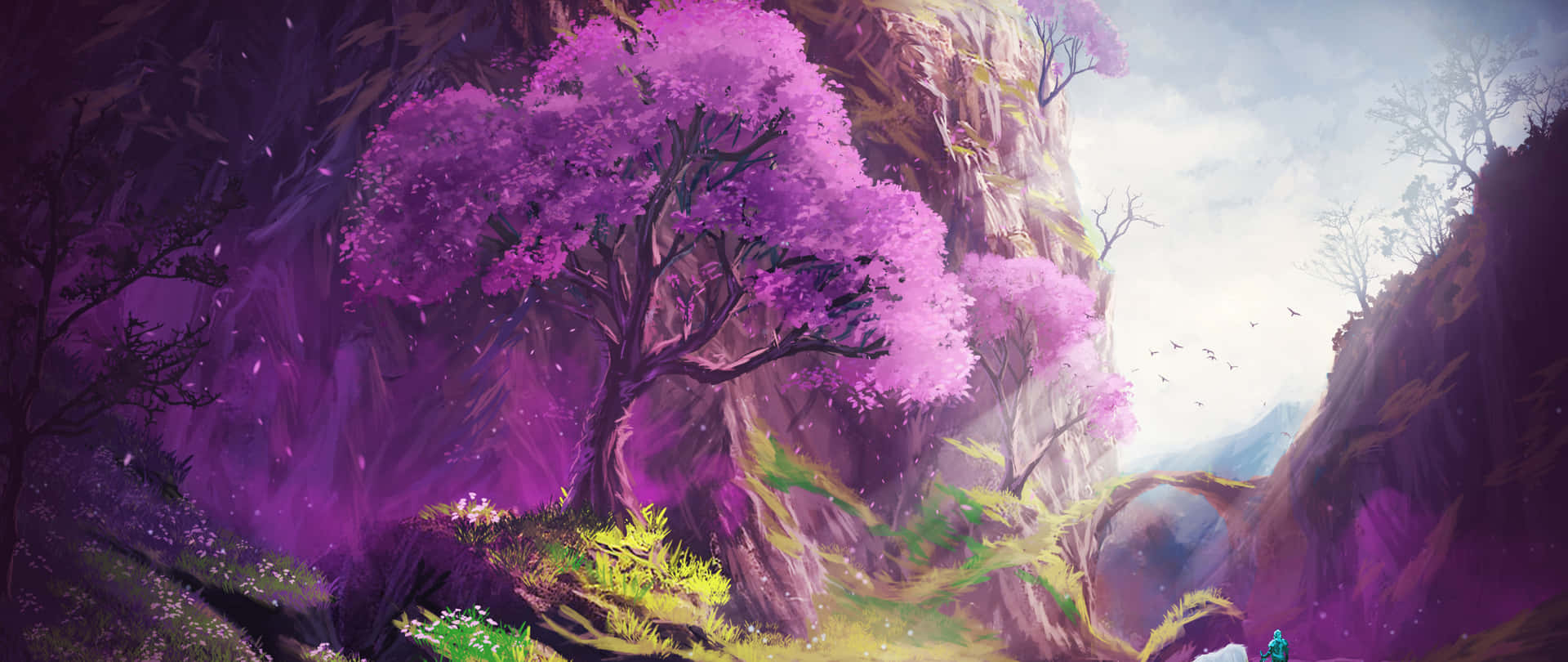 神秘峽谷中一棵發光的紫色樹，有綠色灌木和遠山。