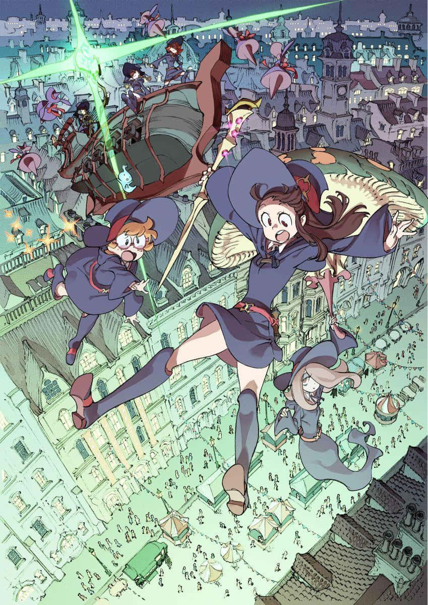 動畫女巫飛越城市，手持發光的魔法武器。