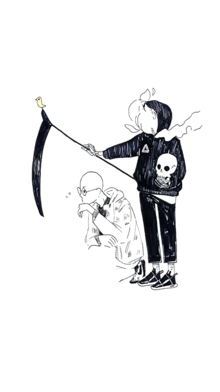 色彩繽紛Lo-Fi藝術插畫 壁紙 — 一個風格化的插圖，描繪死神手持鐮刀，鐮刀上棲息著一隻鳥，站在一個蜷縮的人上方。