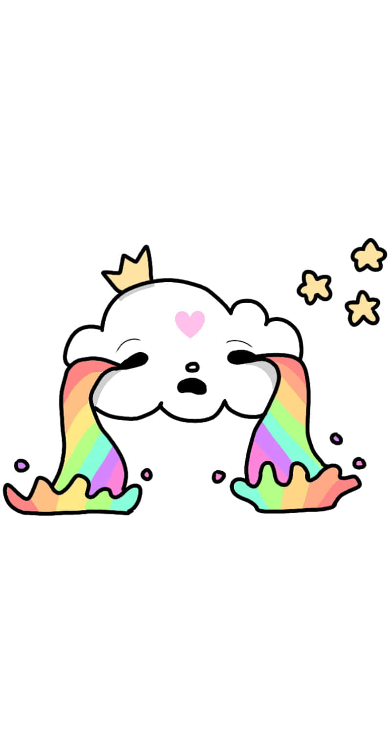 一個微笑的雲朵戴著皇冠，降下色彩繽紛的彩虹和星星。