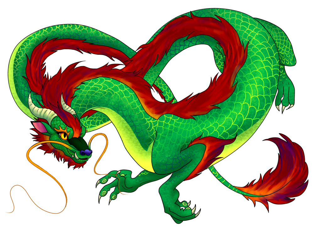 色彩繽紛中國龍藝術圖 壁紙 — 一條充滿活力的綠色龍，帶有火紅的鬃毛和尾巴，在純黑背景上動態盤繞。