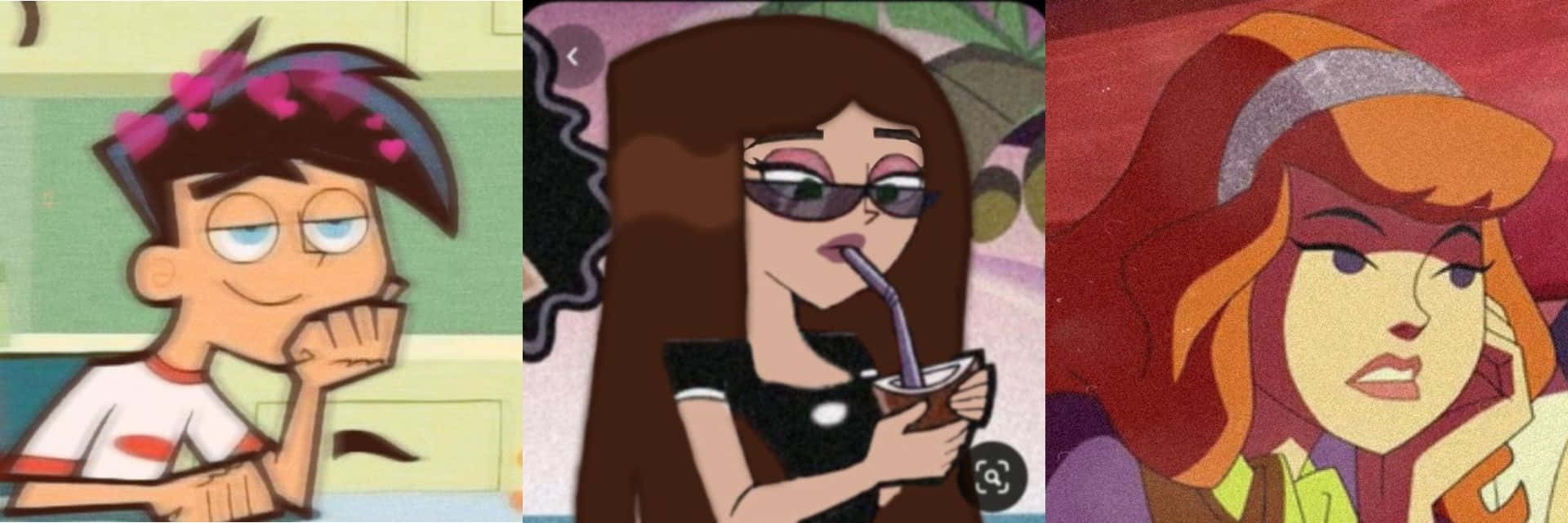 三個卡通角色，表情和服裝各異。
