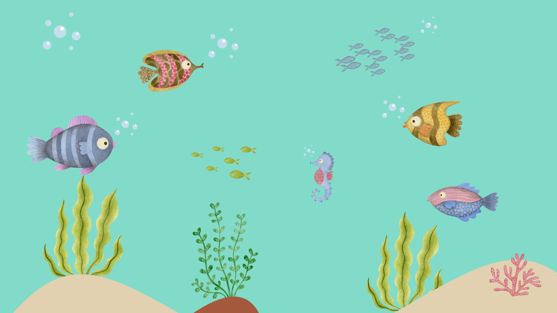色彩繽紛卡通水族館場景 壁紙