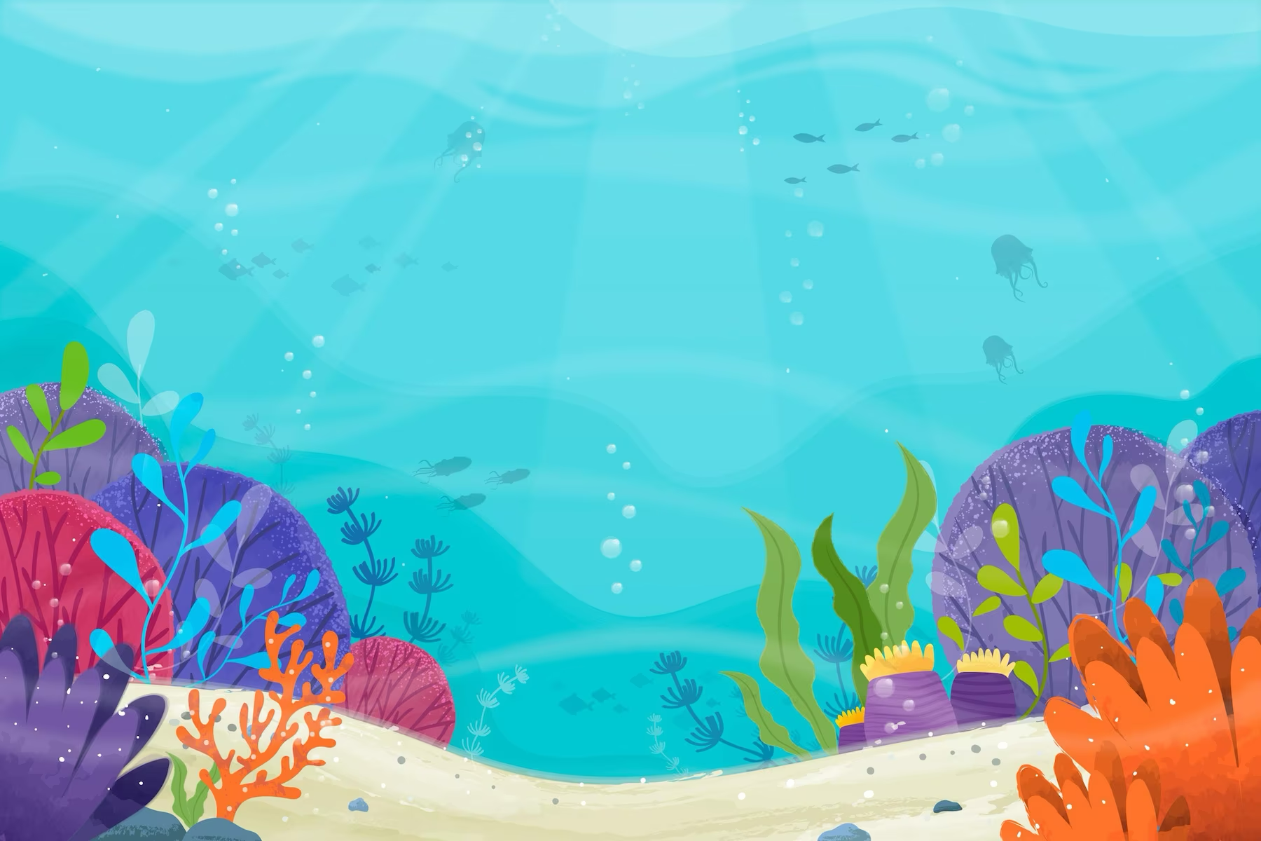 色彩繽紛卡通水族館場景 壁紙