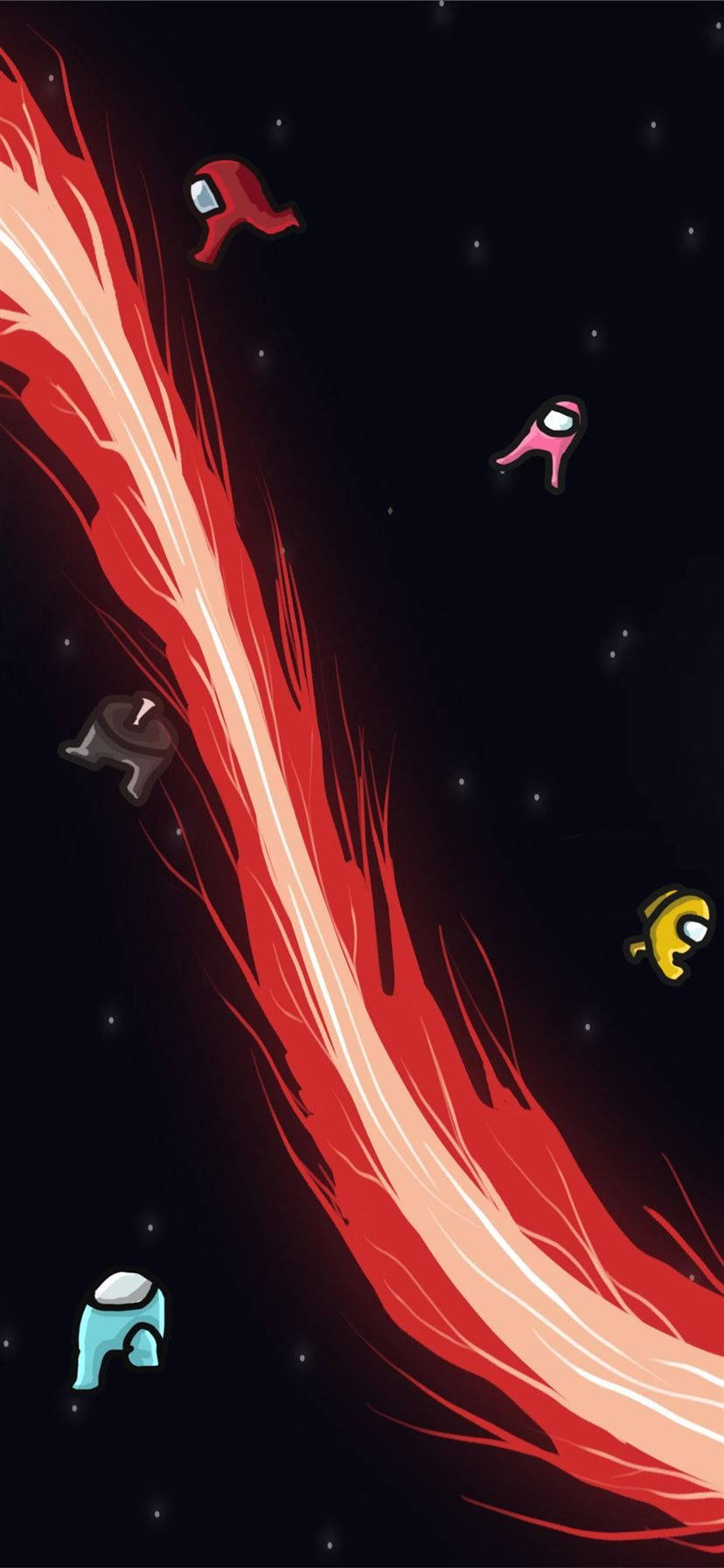 Among US 桌布 壁紙 — 色彩繽紛嘅Among Us船員喺星空虛無背景下，喺發光紅色宇宙流附近飄過太空。