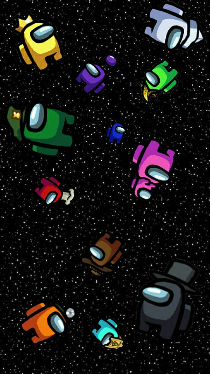 Among US 桌布 壁紙 — 色彩繽紛嘅Among Us船員喺佈滿星星嘅虛空中漂浮，戴住發光頭盔，表情鬼馬。
