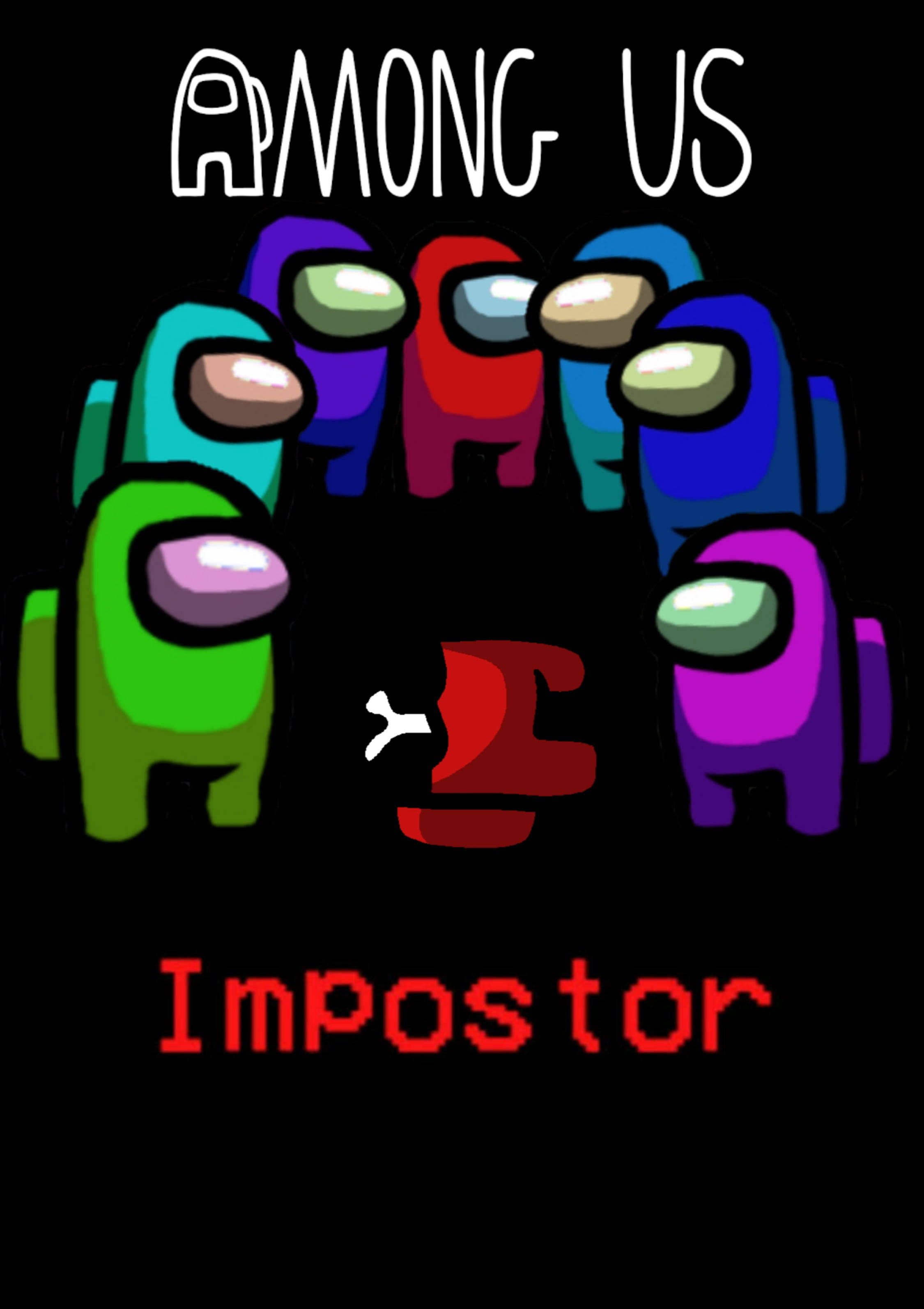 Among US Impostor 桌布 壁紙 — 色彩繽紛嘅Among Us船員圍住一個像素化嘅紅色冒名頂替者，佢對眼發光，背景係黑色。