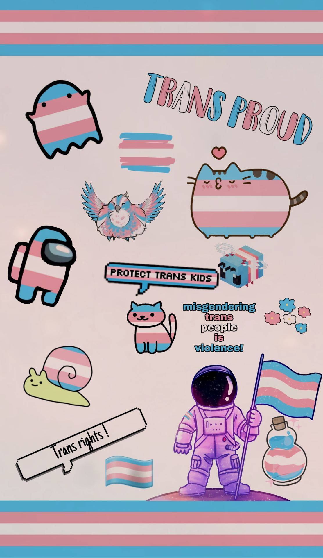 lgbt 桌布 壁紙 — 色彩繽紛嘅可愛卡通角色同符號拼貼，全部都用跨性別旗幟顏色，帶有賦權嘅跨性別驕傲訊息。