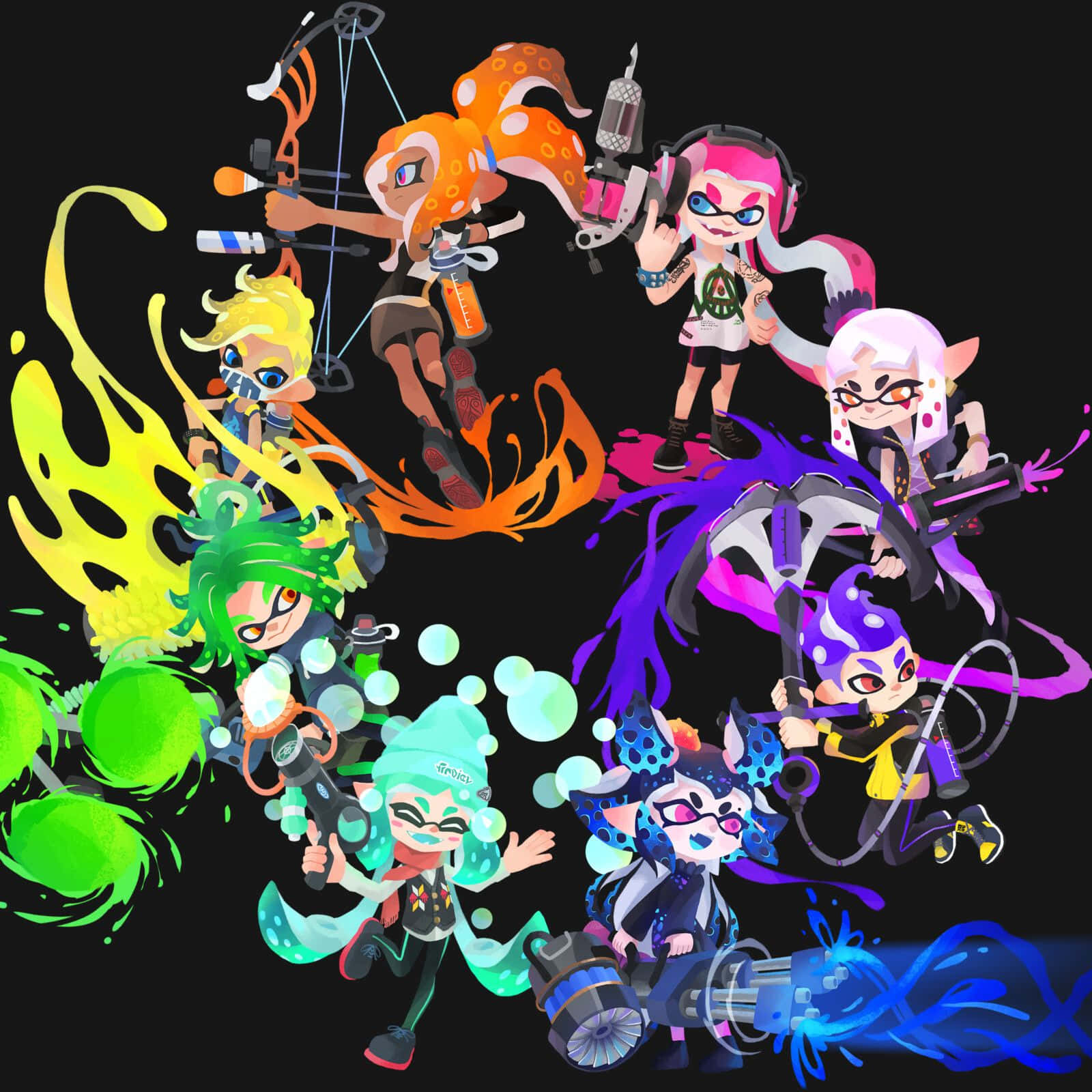 splatoon 桌布 壁紙 — 色彩繽紛嘅墨水飛濺中嘅生動卡通角色，喺黑色背景前揮舞武器。