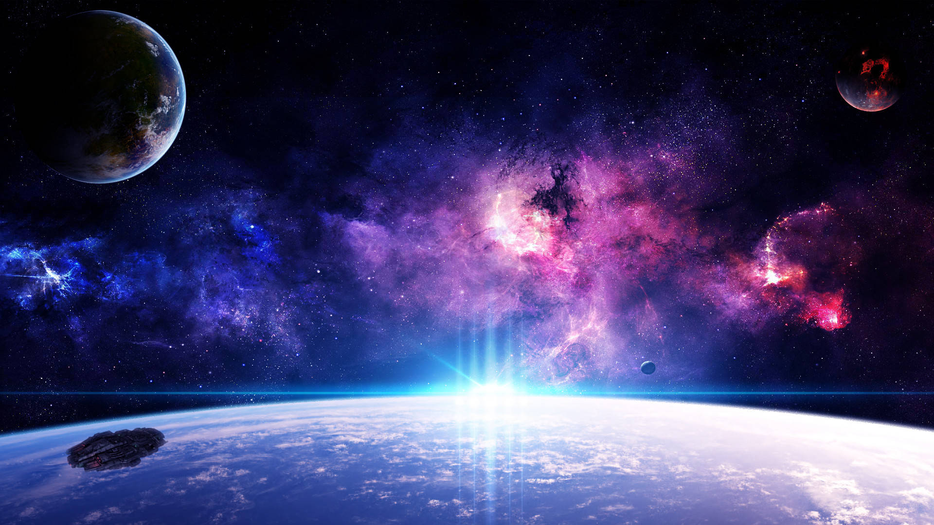 色彩繽紛地平線的太空電腦壁紙 壁紙 — 從太空俯瞰地球的壯麗景色，明亮的太陽爆發地平線後方，閃耀著充滿活力的紫色和藍色星雲。