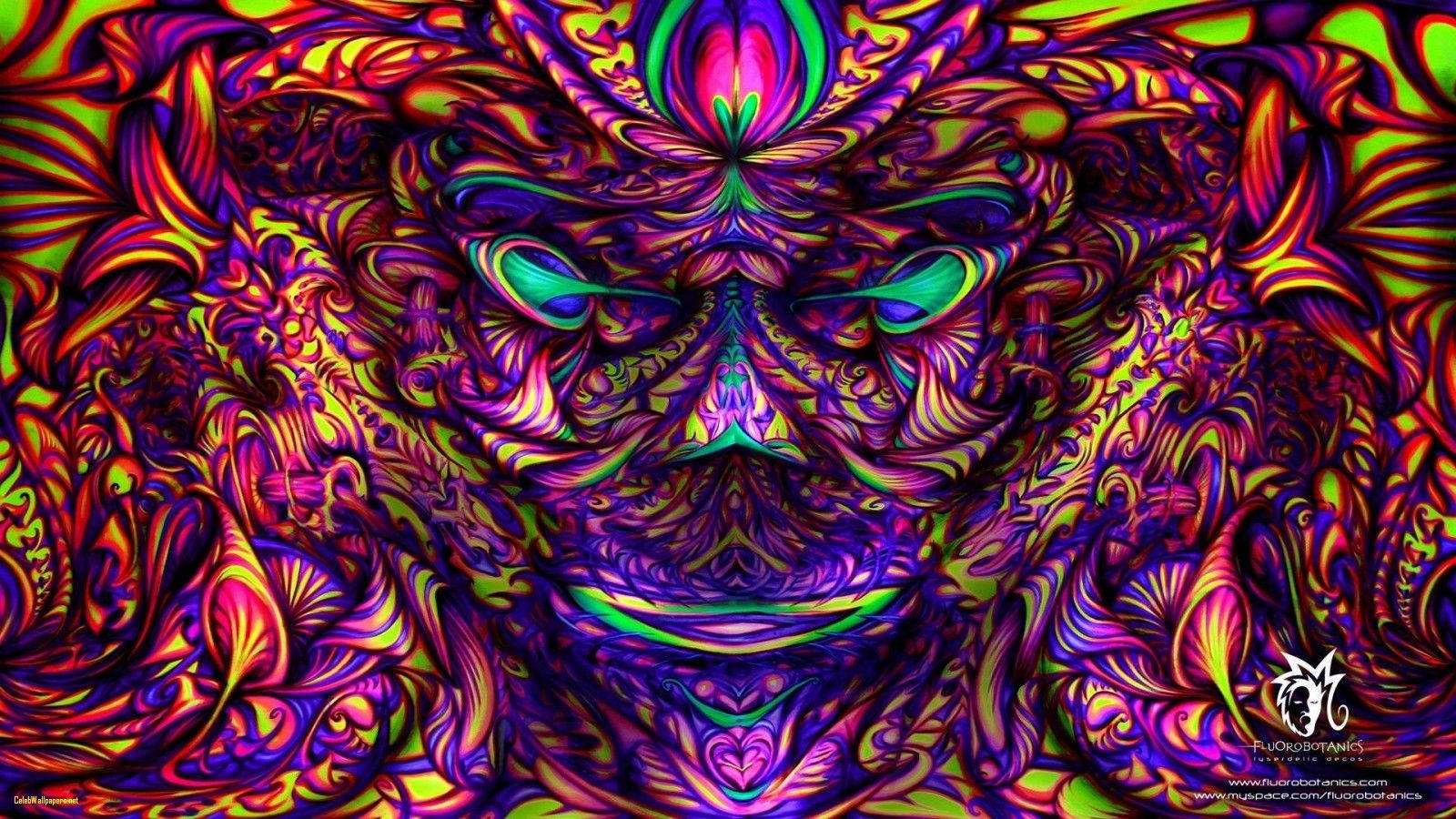色彩繽紛的抽象臉孔，帶有旋轉圖案和發光的霓虹色調。