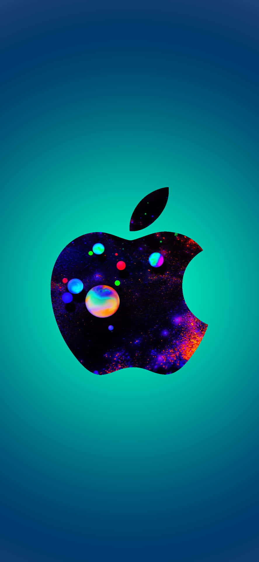 在青綠色漸變背景上，充滿色彩繽紛宇宙星雲的Apple標誌