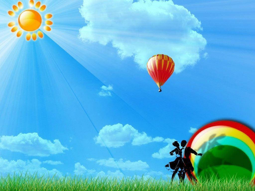 一對情侶在彩虹下跳舞，天空中有熱氣球和太陽。