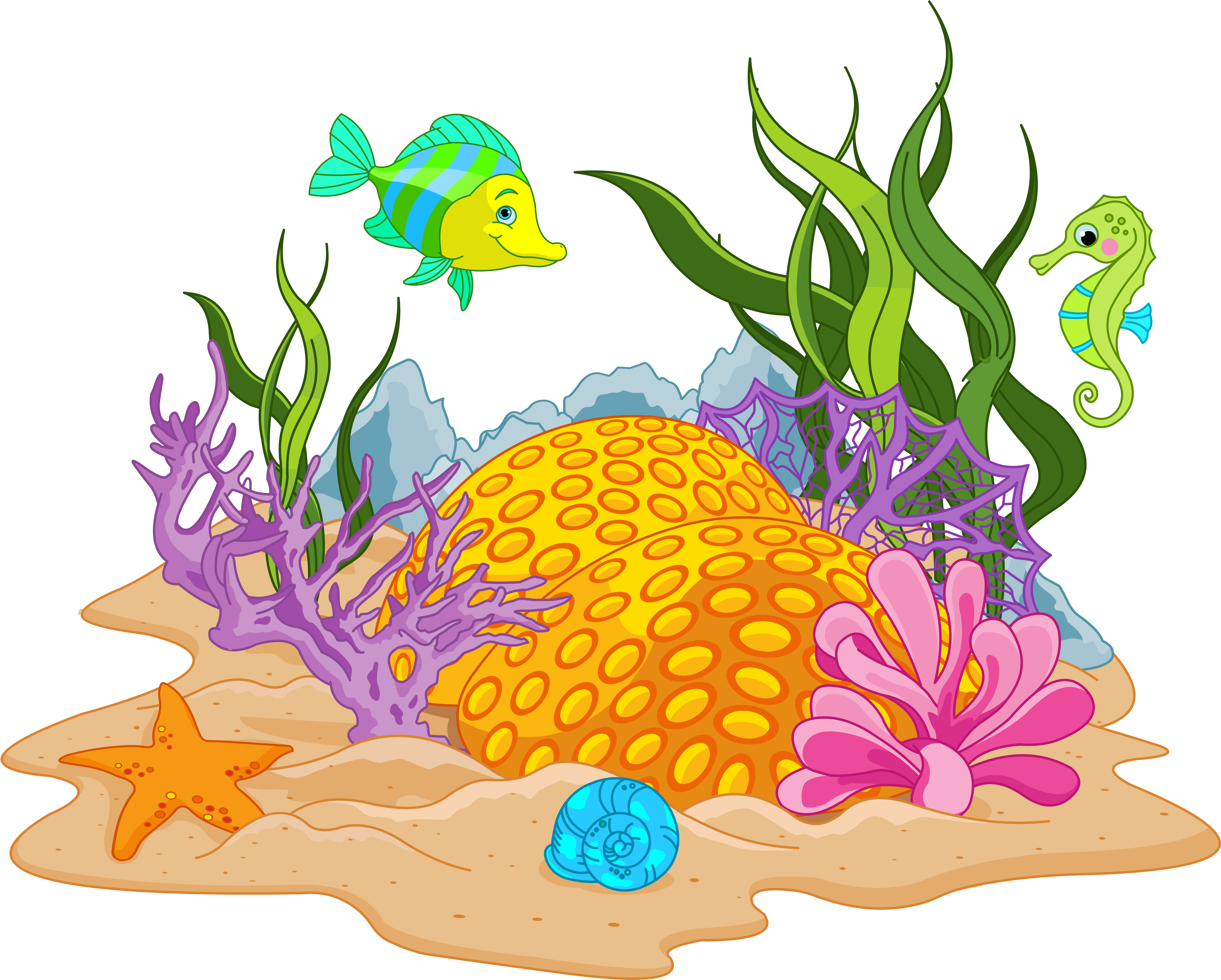 色彩繽紛水下海洋生物場景 壁紙 — 充滿活力的卡通海底場景，有色彩繽紛的魚、海馬、珊瑚和海星在沙質海底上。
