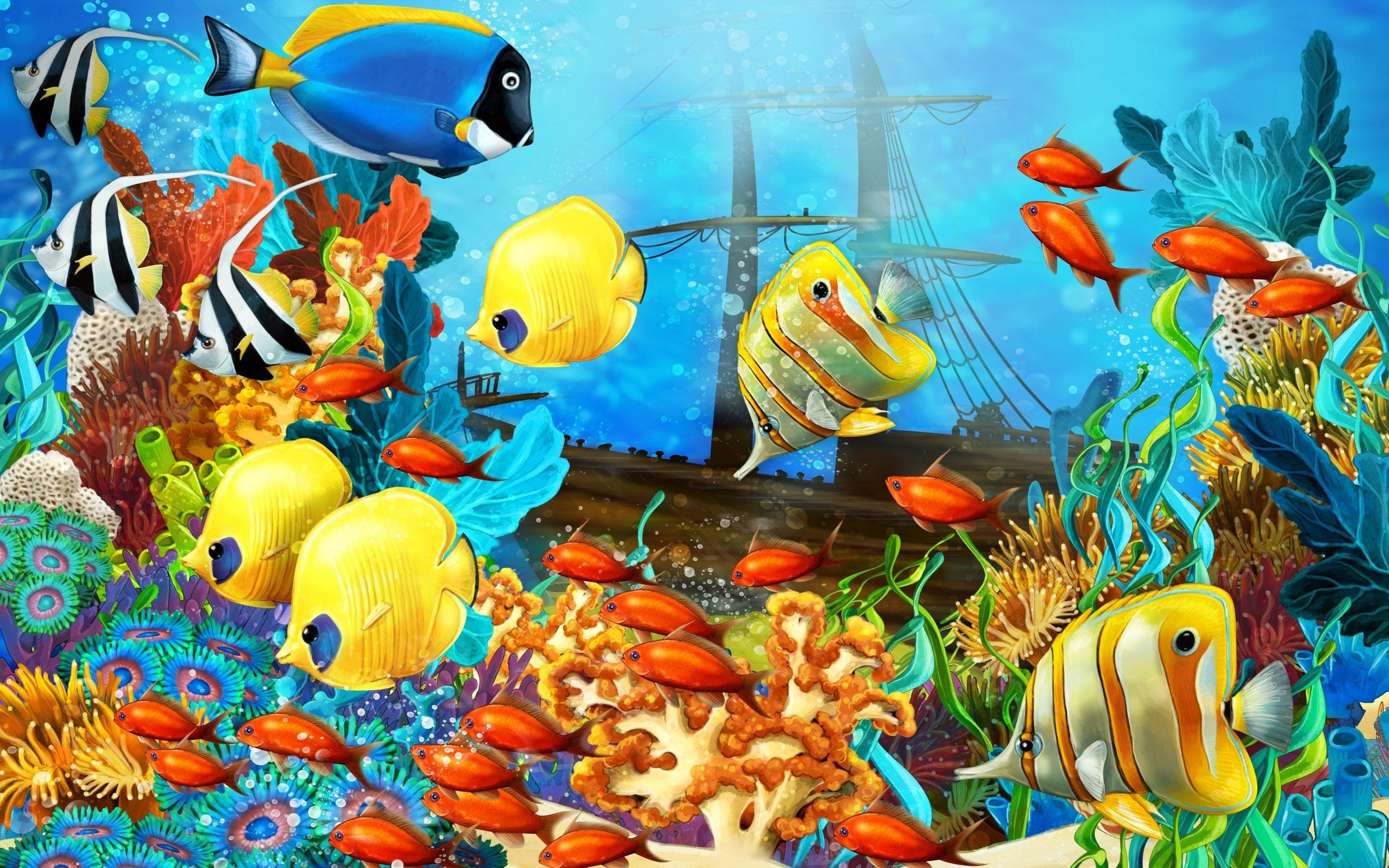 色彩繽紛涼魚 壁紙 — 色彩繽紛的熱帶魚在色彩斑斕的珊瑚礁中游動，背景有一艘沉船。