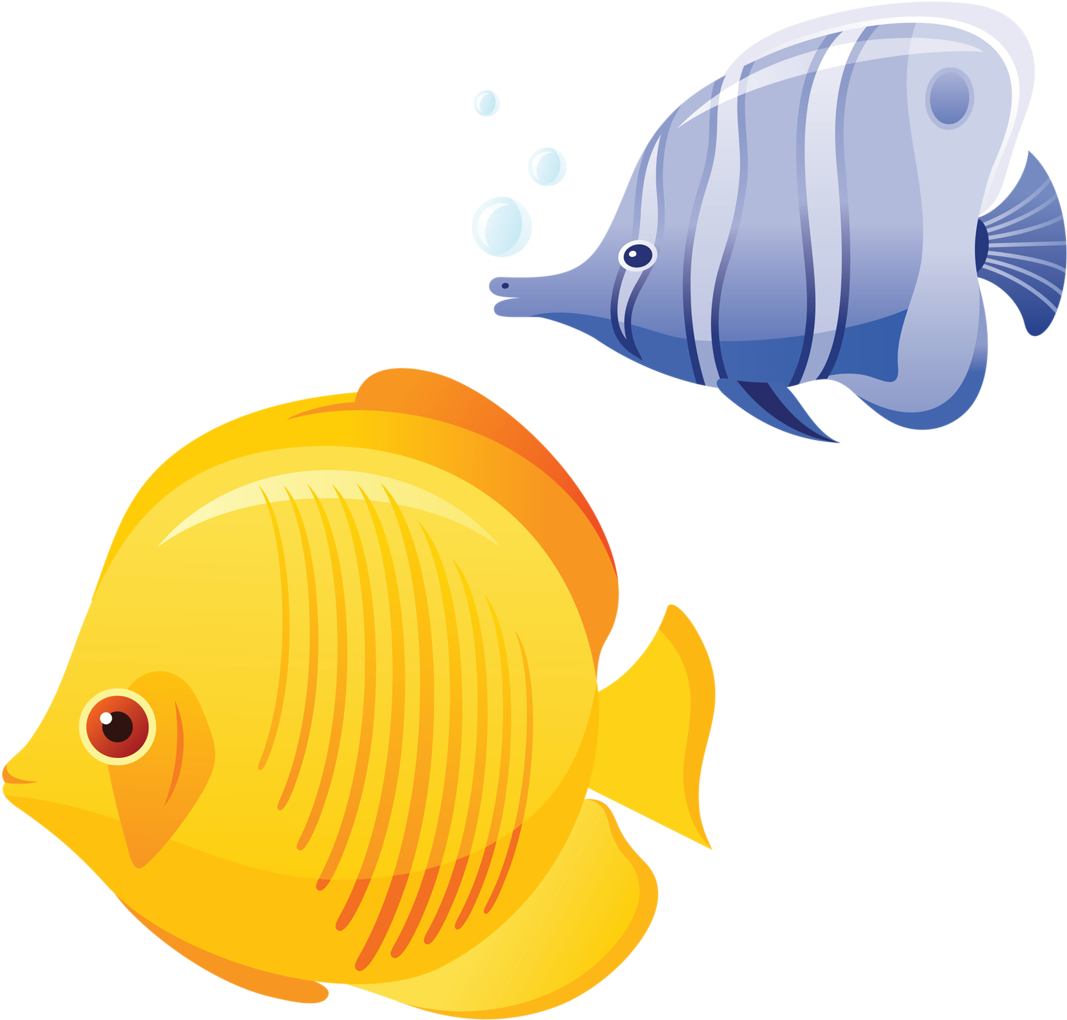 色彩繽紛熱帶魚插畫 壁紙 — 兩條卡通魚，一條黃色一條藍色，在黑色背景中游動，氣泡上升