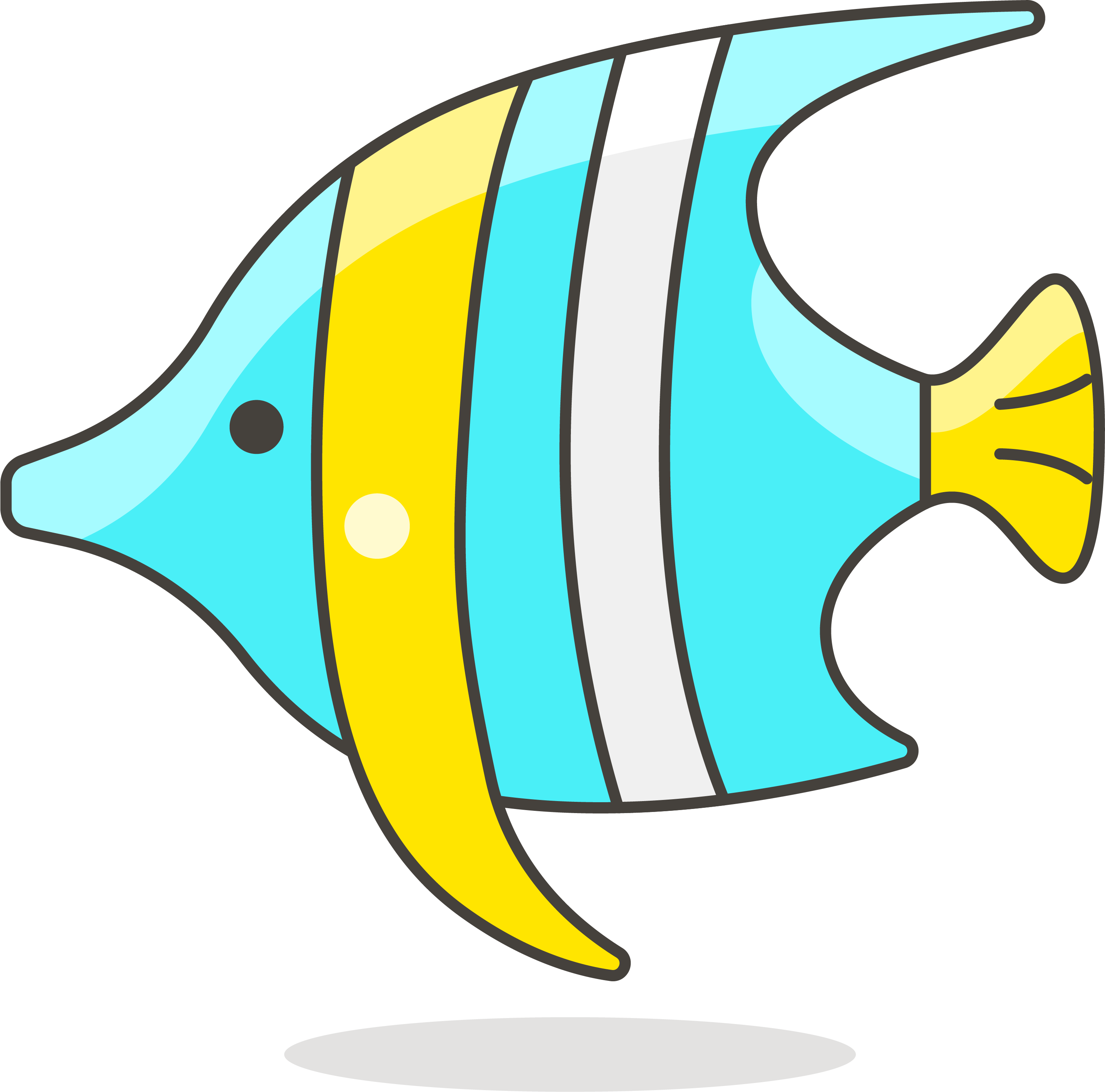 色彩繽紛熱帶魚插畫 壁紙 — 一條風格化的卡通魚，帶有藍色、黃色和白色條紋，在純白色背景上游動。