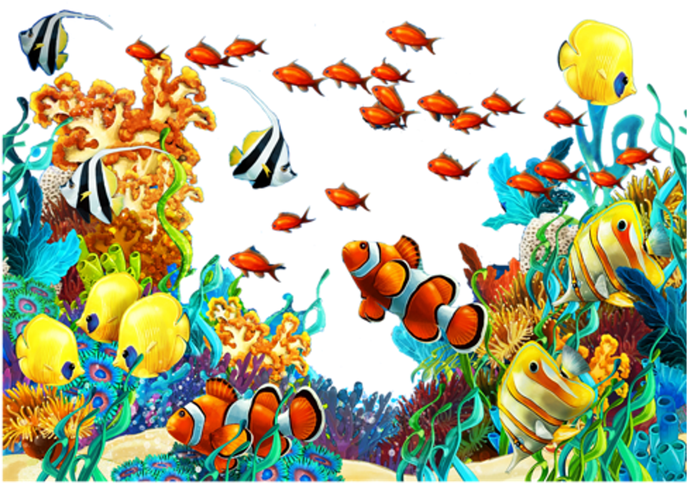色彩繽紛熱帶魚珊瑚礁場景 壁紙 — 色彩繽紛的卡通魚在黑色背景下於多彩珊瑚和海草間游動。