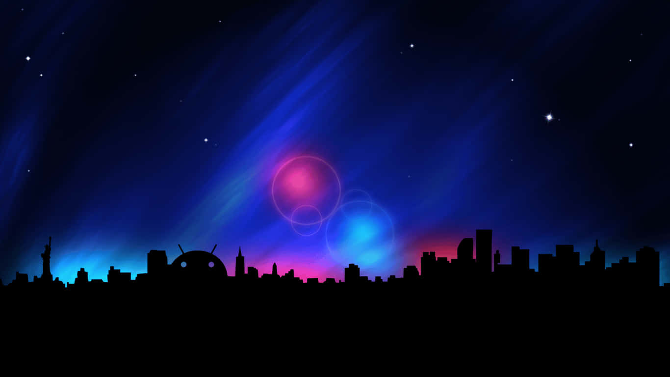 夜晚的城市天際線，帶有宇宙光芒和星星。