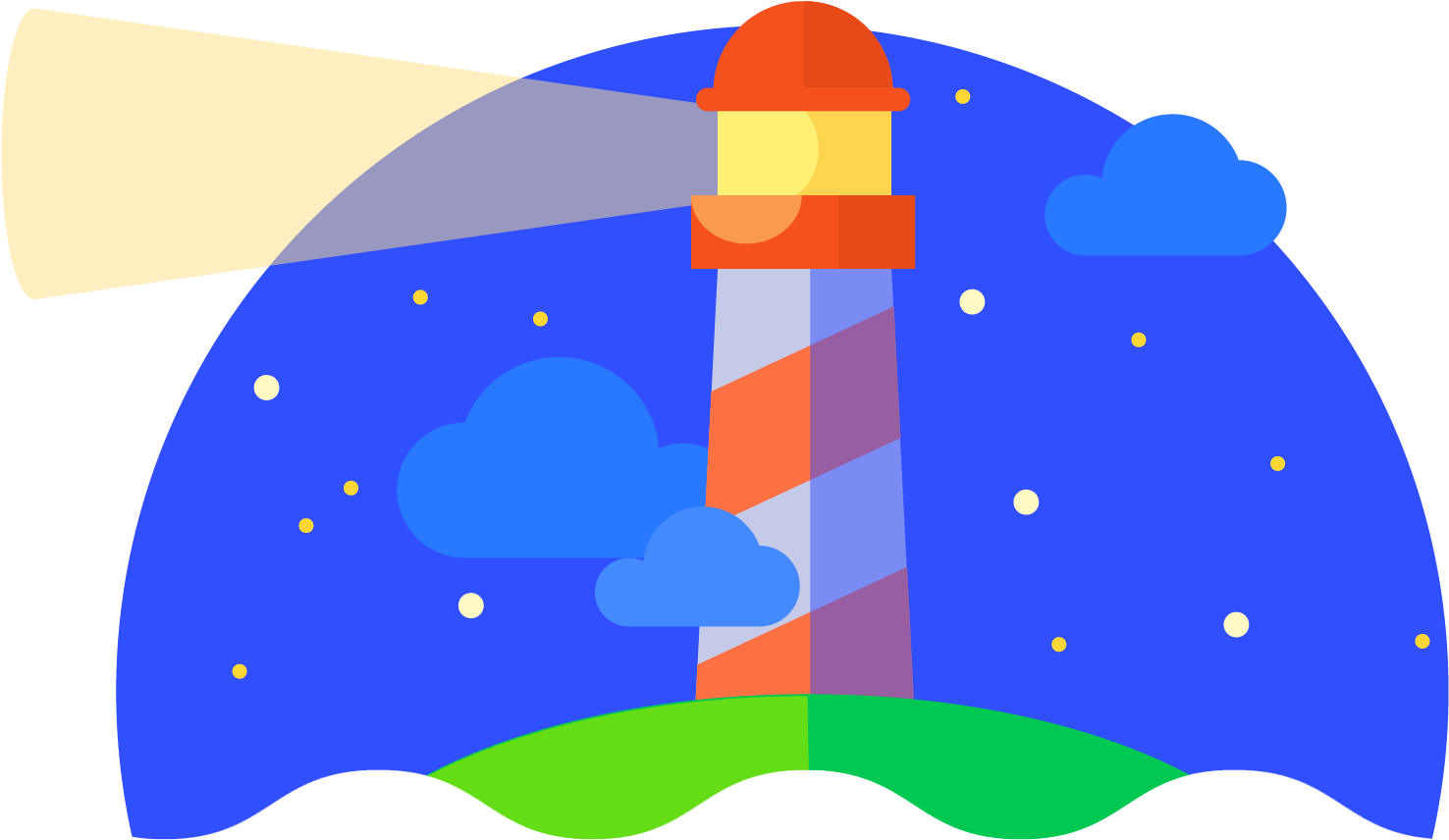 色彩繽紛燈塔插畫 壁紙 — 一座色彩繽紛的卡通燈塔在星空夜空中照射出光芒，伴有藍色雲朵和綠色大地。