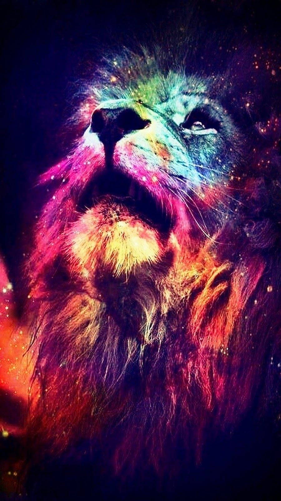 色彩繽紛獅子驚奇手機 壁紙 — 一頭雄偉的獅子頭，沐浴在宇宙霓虹色調中，背景是繁星點點的銀河。