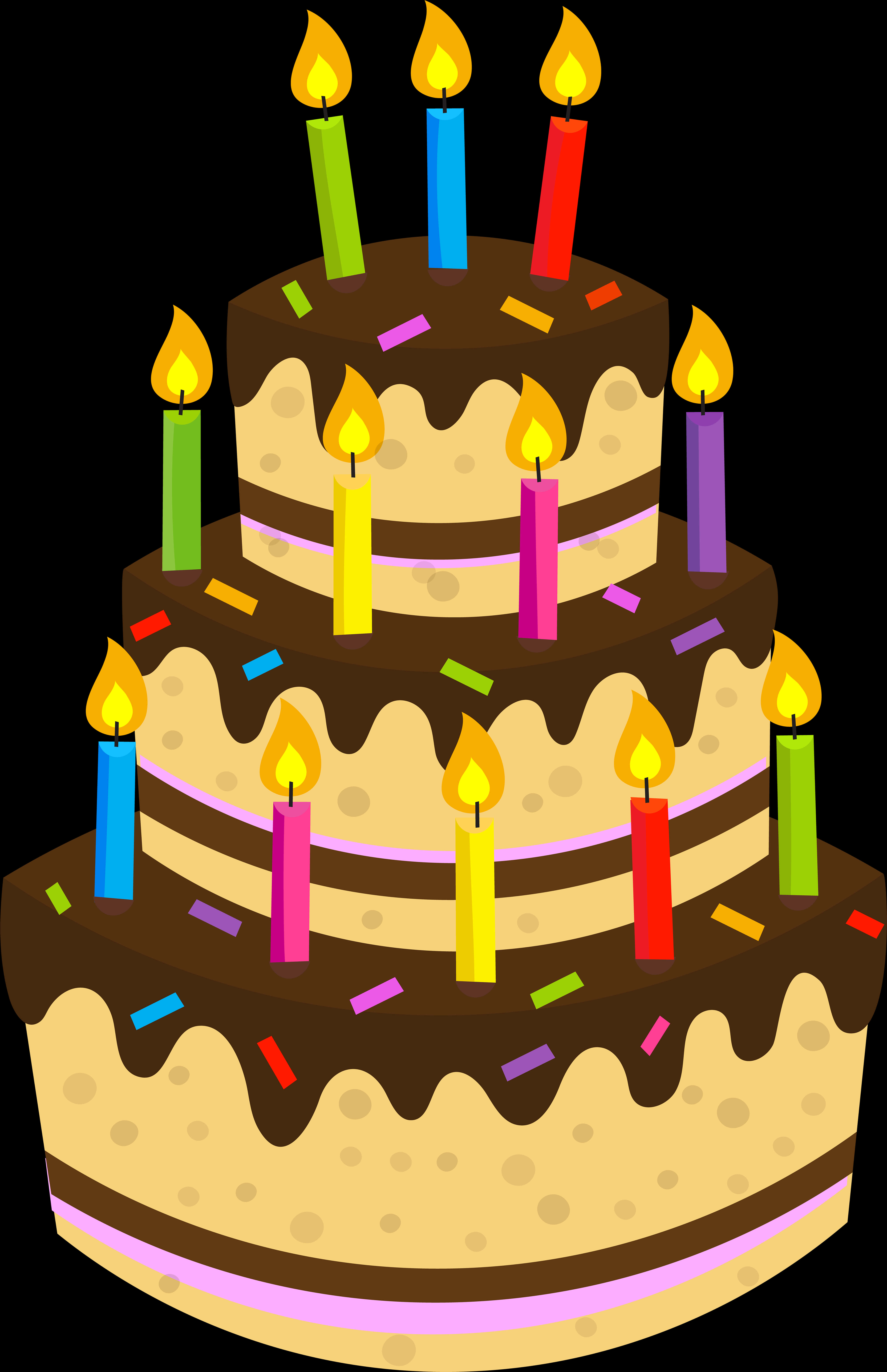 色彩繽紛生日蛋糕插畫 壁紙 — 三層生日蛋糕，帶有滴落的朱古力糖霜和色彩繽紛的點燃蠟燭，背景為黑色。