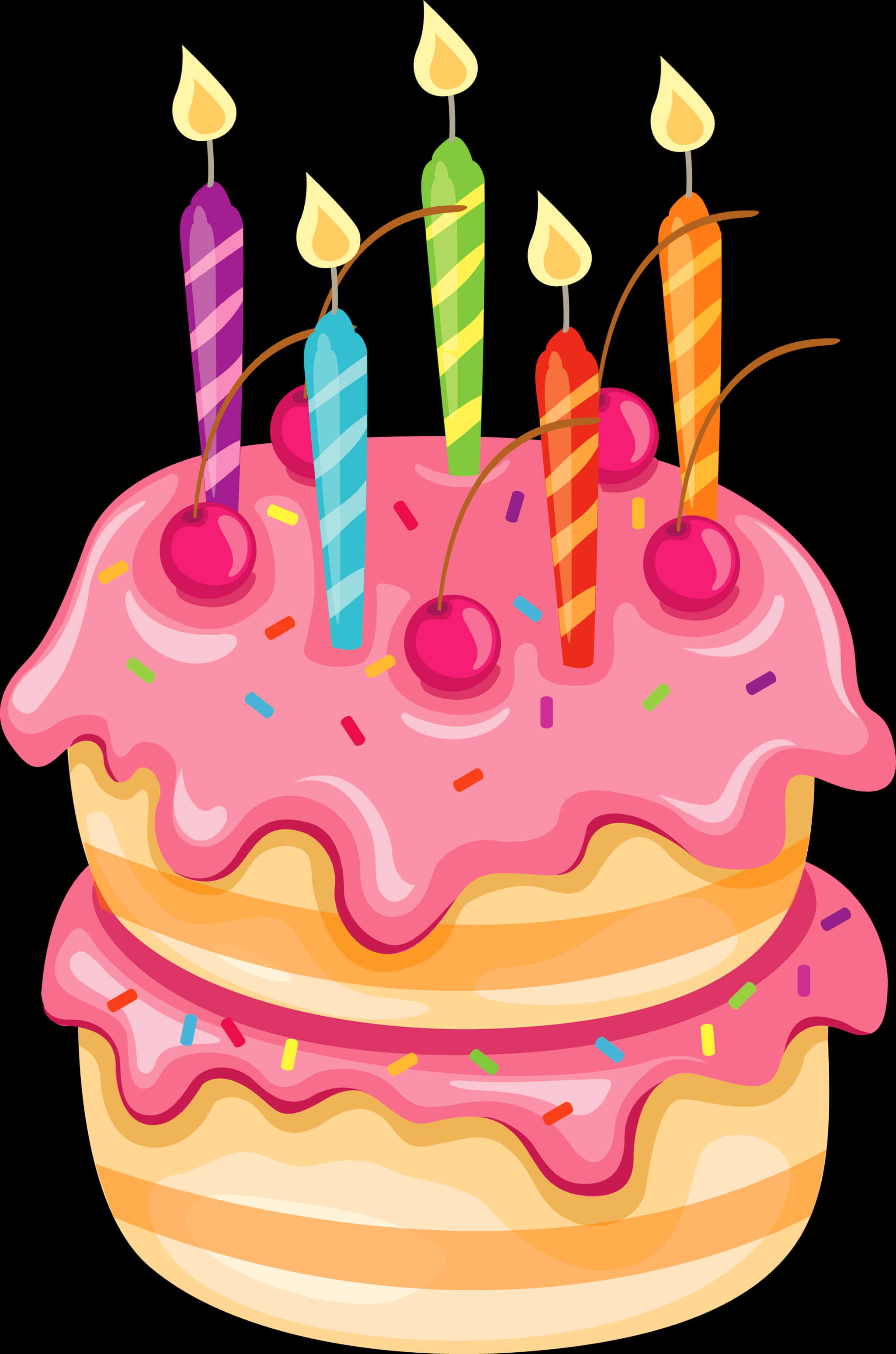 色彩繽紛生日蛋糕插畫 壁紙 — 一個充滿活力的兩層生日蛋糕，上面有粉紅色糖霜、櫻桃和色彩繽紛的點燃蠟燭。