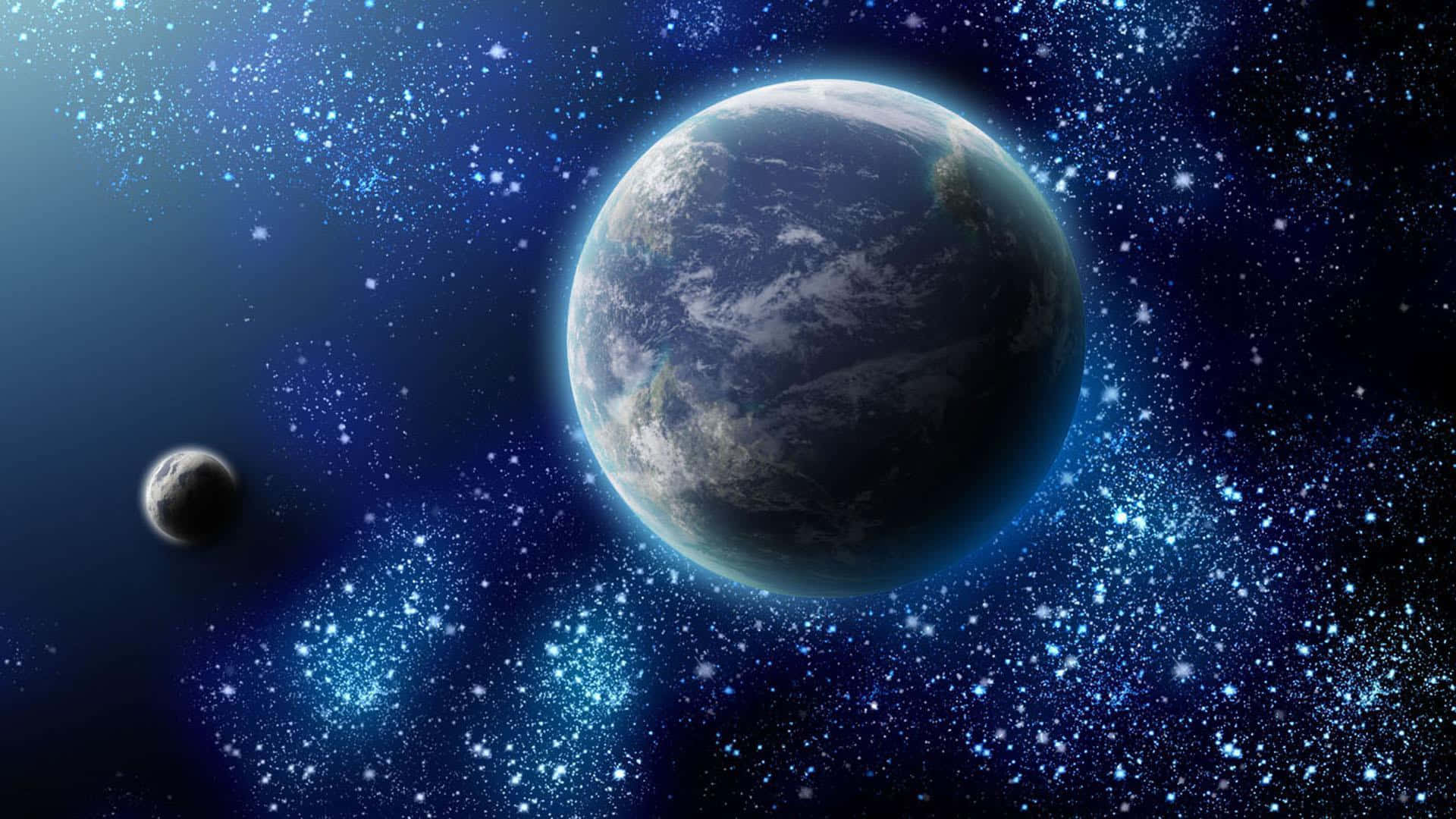 色彩繽紛的 720p 高畫質場景 壁紙 — 地球和月球在繁星點點的宇宙中漂浮，伴隨著發光的星雲，景色令人驚嘆。