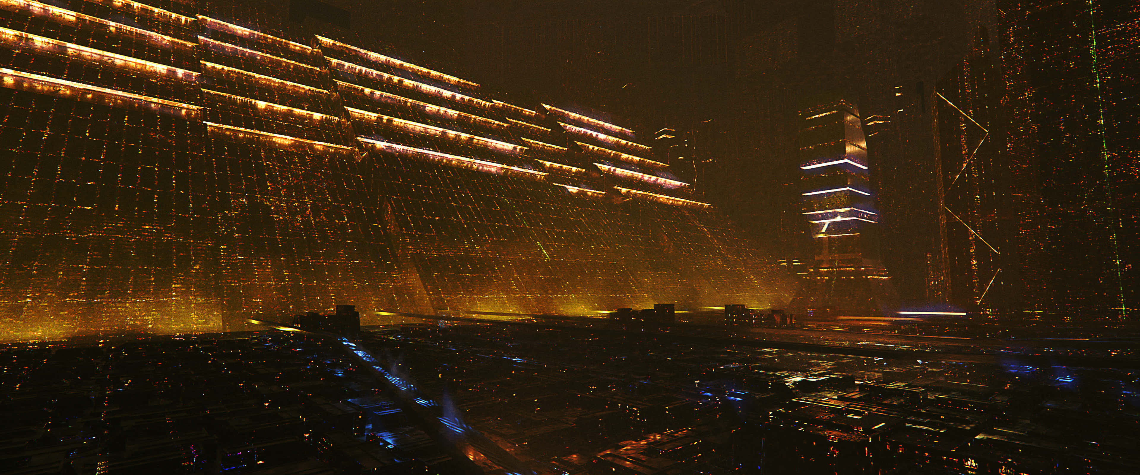 色彩繽紛的 Apple iPhone 壁紙 — 未來主義的城市夜景，高聳的建築物在黑暗的天空下閃耀著金色和藍色的光芒。