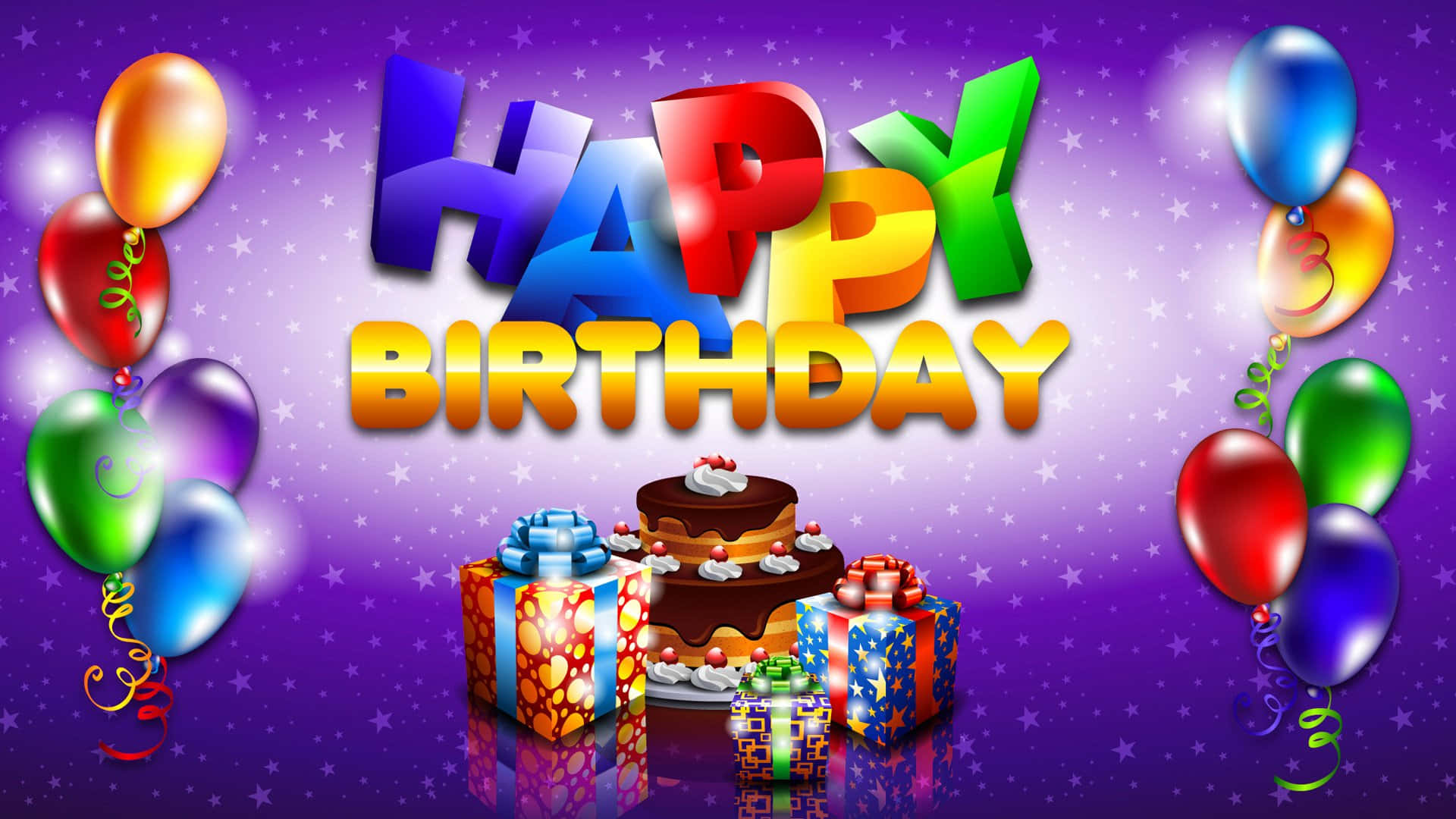 生日祝福 桌布 壁紙 — 色彩繽紛的「Happy Birthday」彩虹3D文字漂浮在朱古力蛋糕和禮物之上，背景是閃爍的紫色星空。