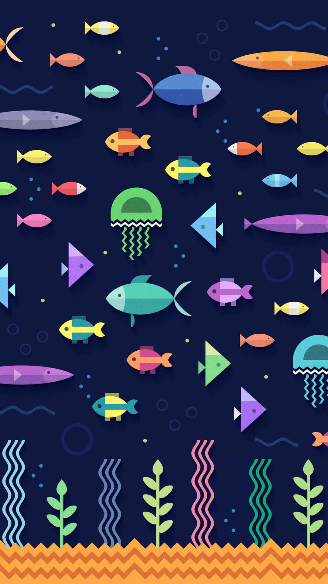 色彩繽紛的魚類和水母在風格化的海洋中游動，伴有珊瑚和海藻。