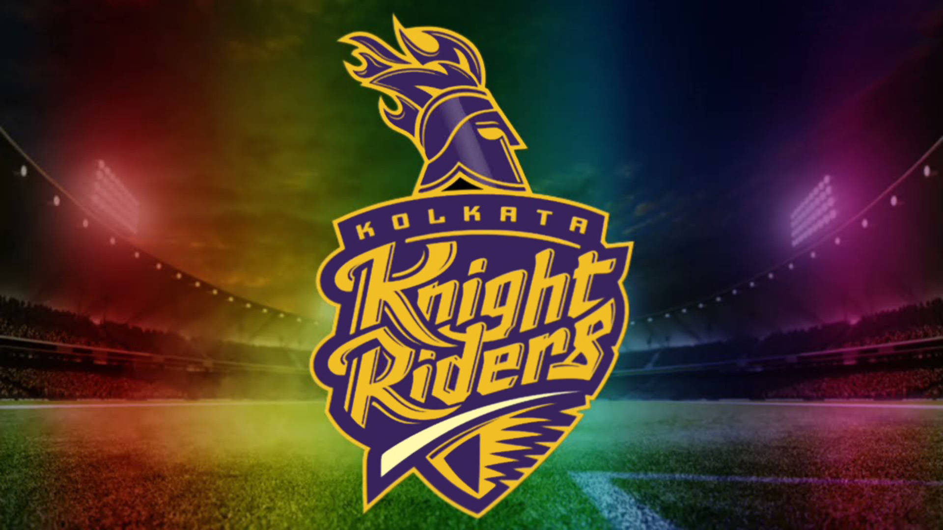 Kolkata Knight Riders 板球隊標誌在夜間充滿活力的體育場中亮起。