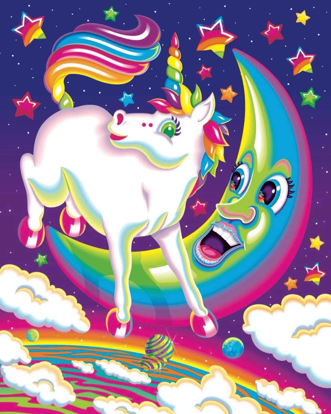 一隻帶有彩虹特徵的快樂獨角獸，站在星空中的微笑月亮上。