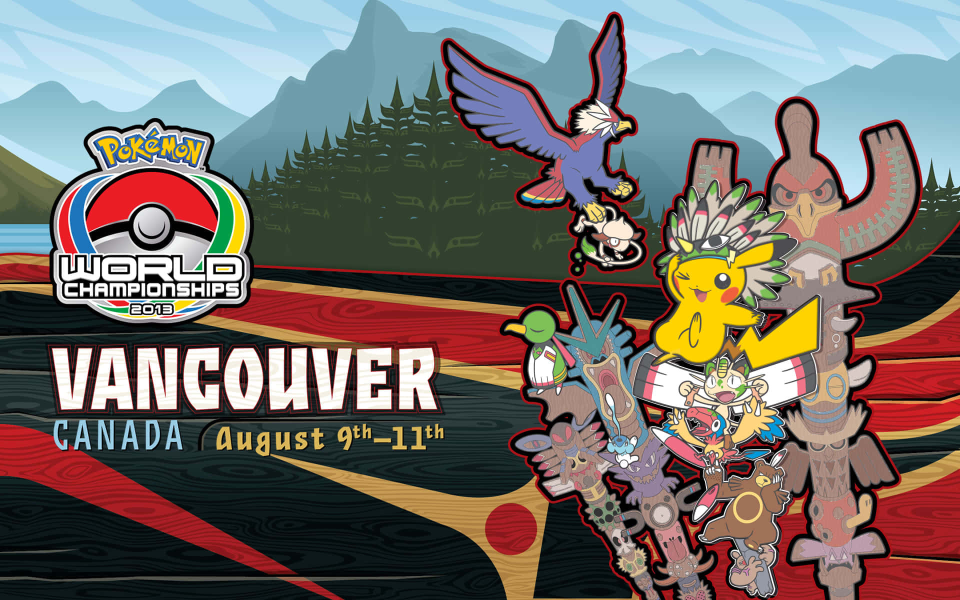 Pokemon World Championships 桌布 壁紙 — 色彩繽紛的 Pokémon World Championships 2013 海報，以比卡超及其他 Pokémon 為主角，背景為山脈及原住民圖騰柱藝術。