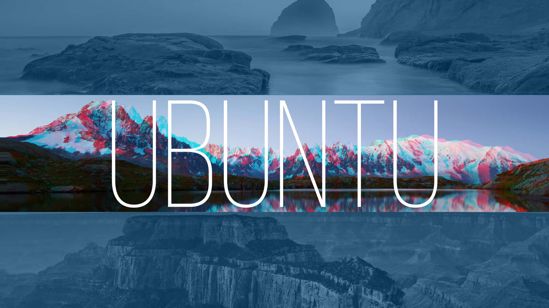 Ubuntu 標誌以故障效果呈現於山景及水面倒影之上。