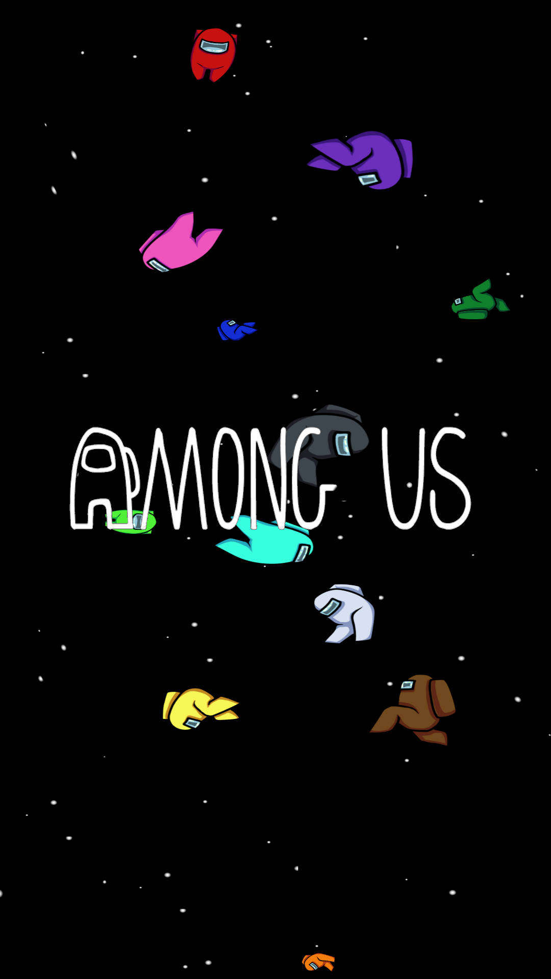 Among US 桌布 壁紙 — 色彩繽紛的Among Us船員在星空環繞遊戲標題文字漂浮。