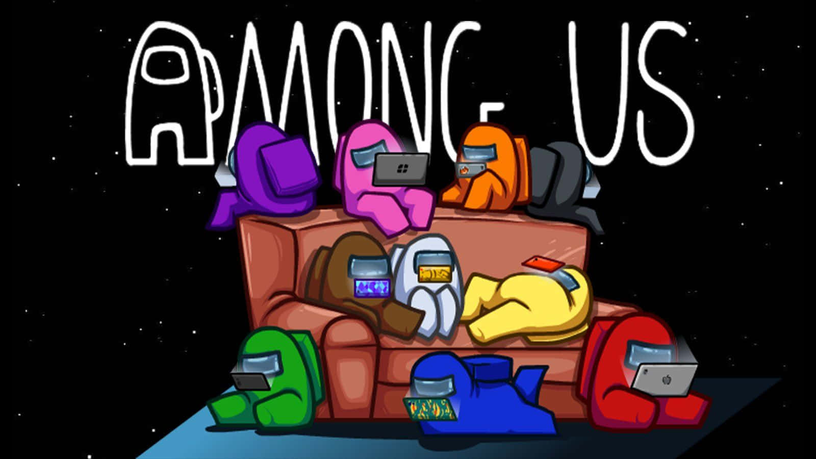 Among US Cool 桌布 壁紙 — 色彩繽紛的Among Us角色在沙發上休息，背景是星空太空，上方有遊戲標題。