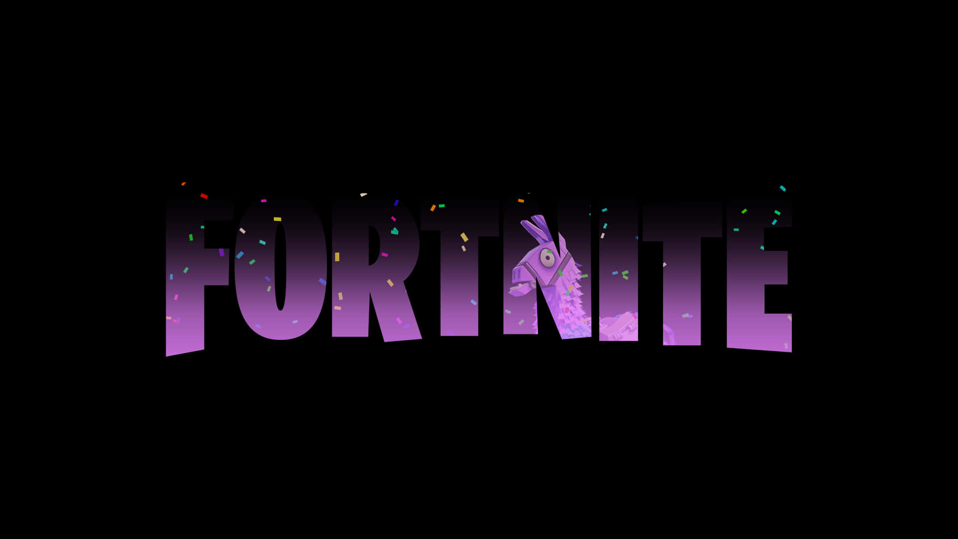 色彩繽紛的Fortnite遊戲標誌 壁紙 — 紫色漸變嘅Fortnite標誌，有紙碎同埋由字母T度探出頭嚟嘅羊駝頭，背景係黑色。