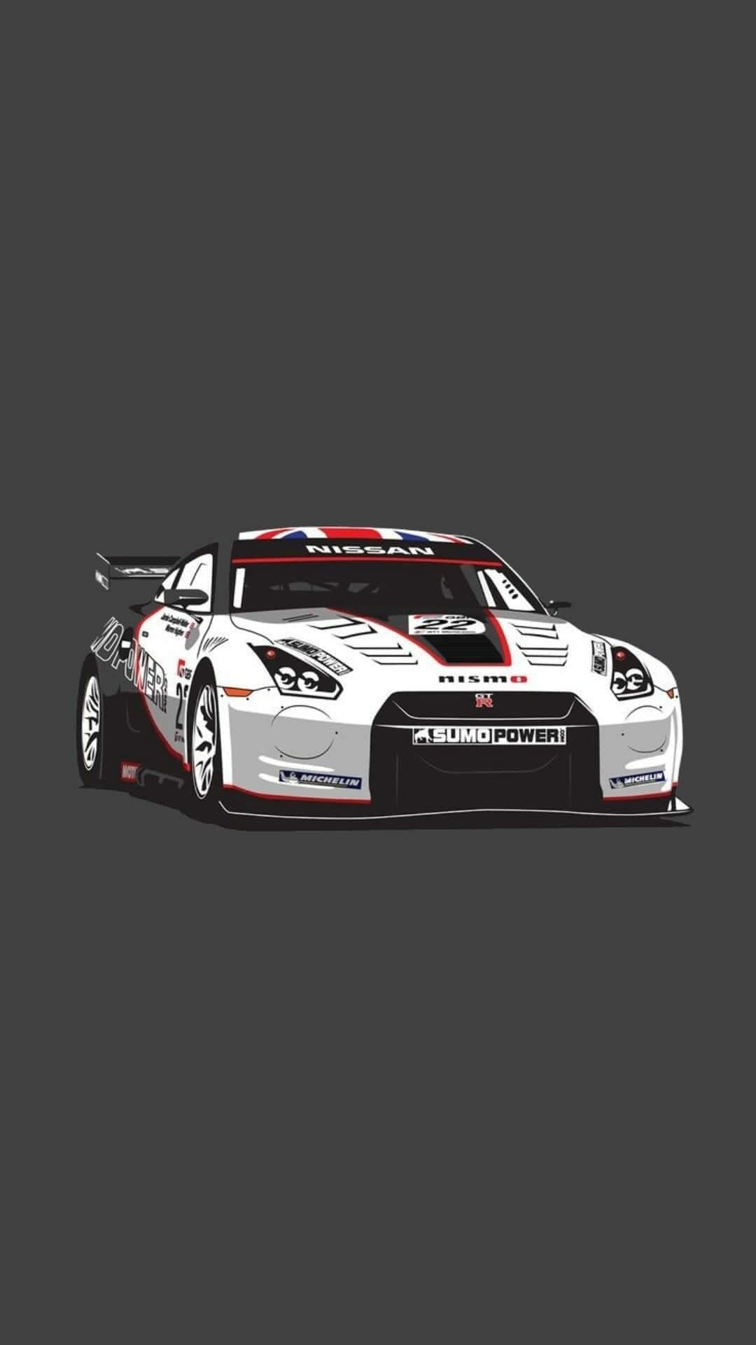 白色和紅色的日產GT-R賽車帶有Sumo Power品牌標誌，背景為深灰色。